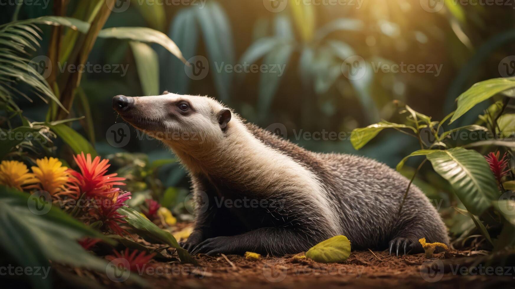 A serene scene featuring a mammal in a lush, colorful environment. photo