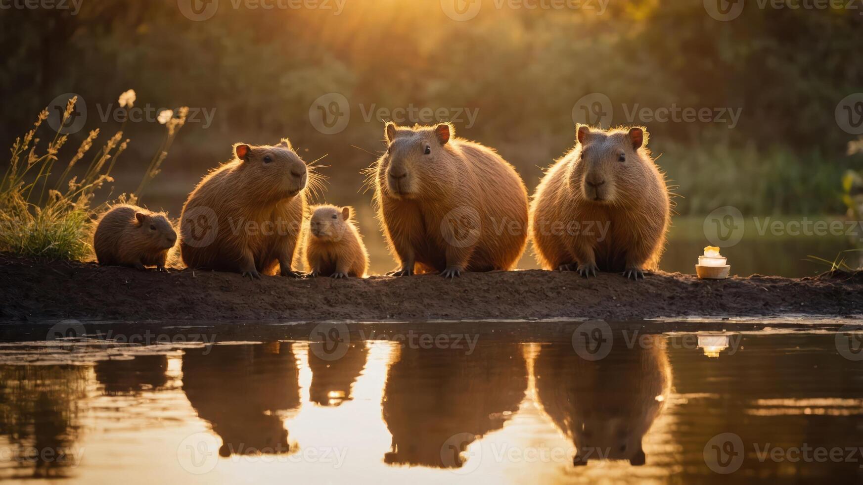 A family of capybaras gathered by a serene water body at sunset. photo