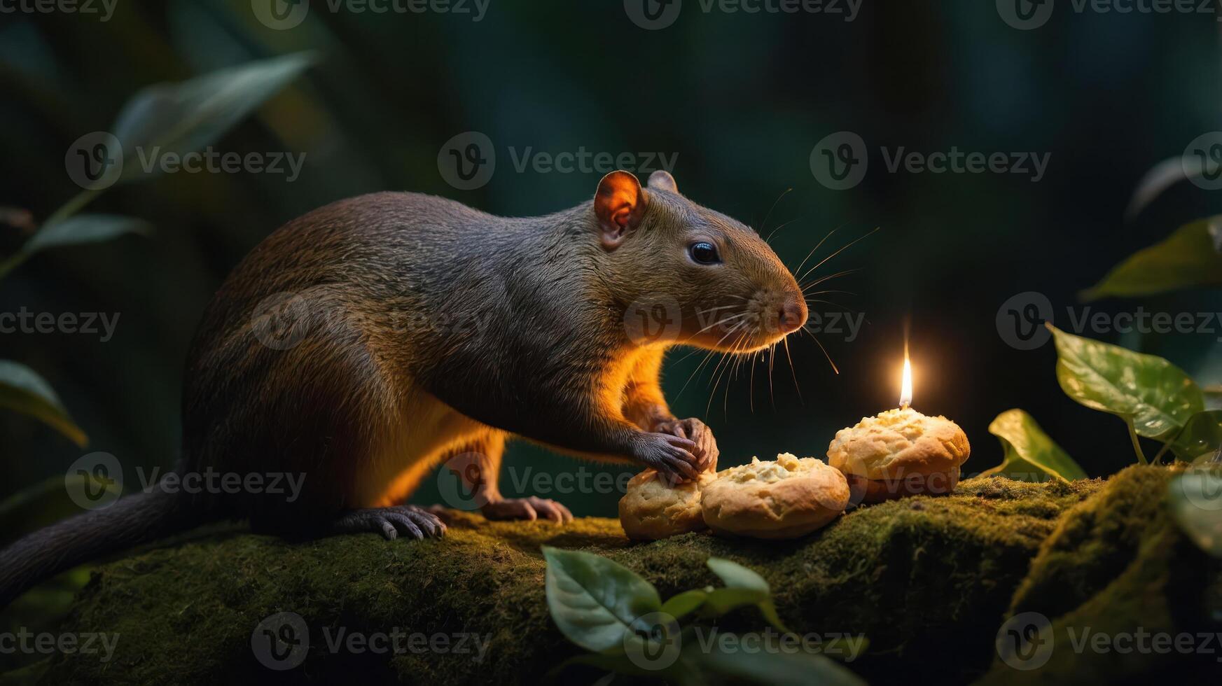 A small rodent enjoys cookies beside a candle in a lush, green environment. photo