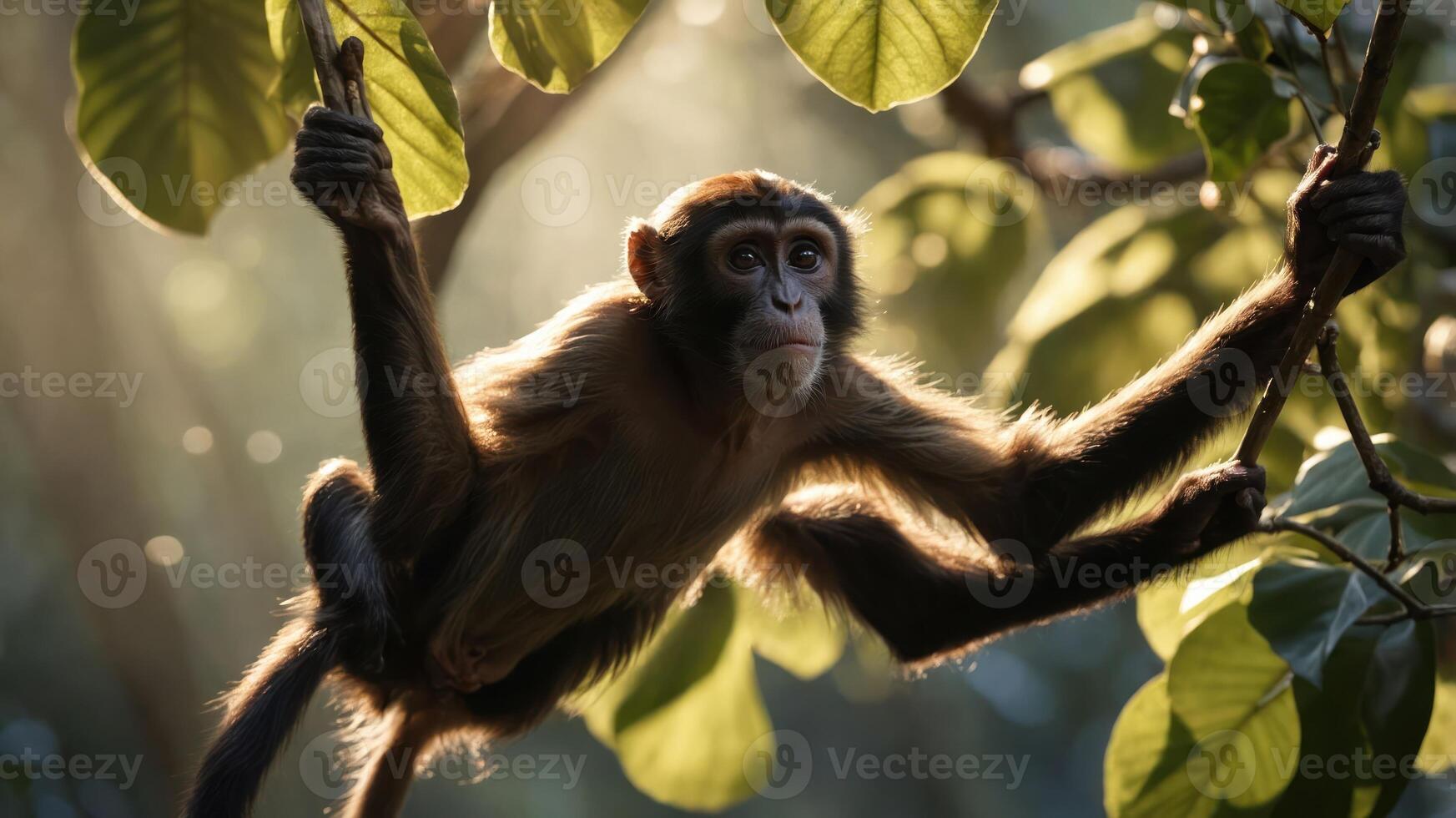 A monkey gracefully hangs from a branch amidst lush green leaves and soft sunlight. photo