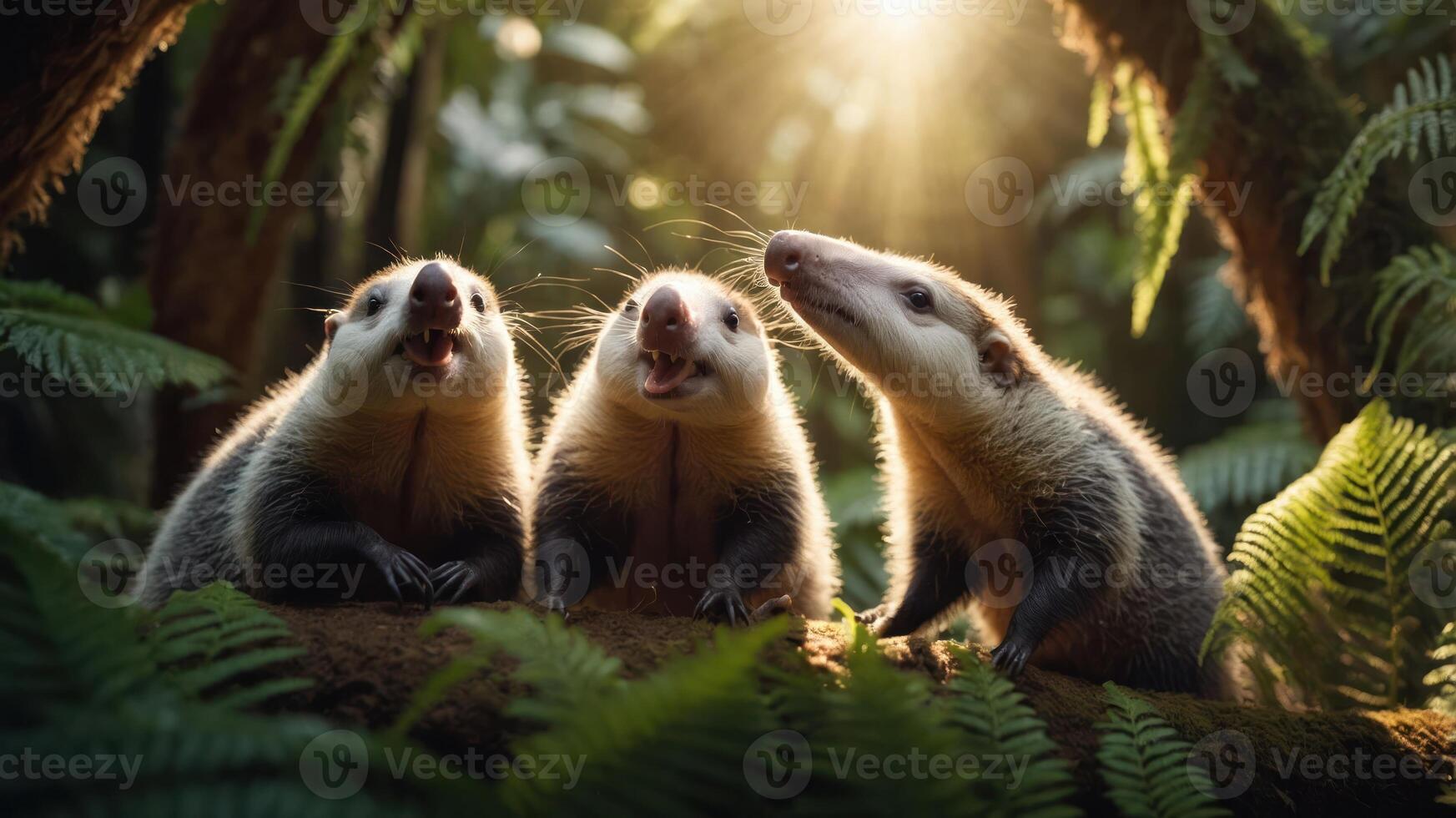 Three playful animals in a lush forest, illuminated by sunlight. photo