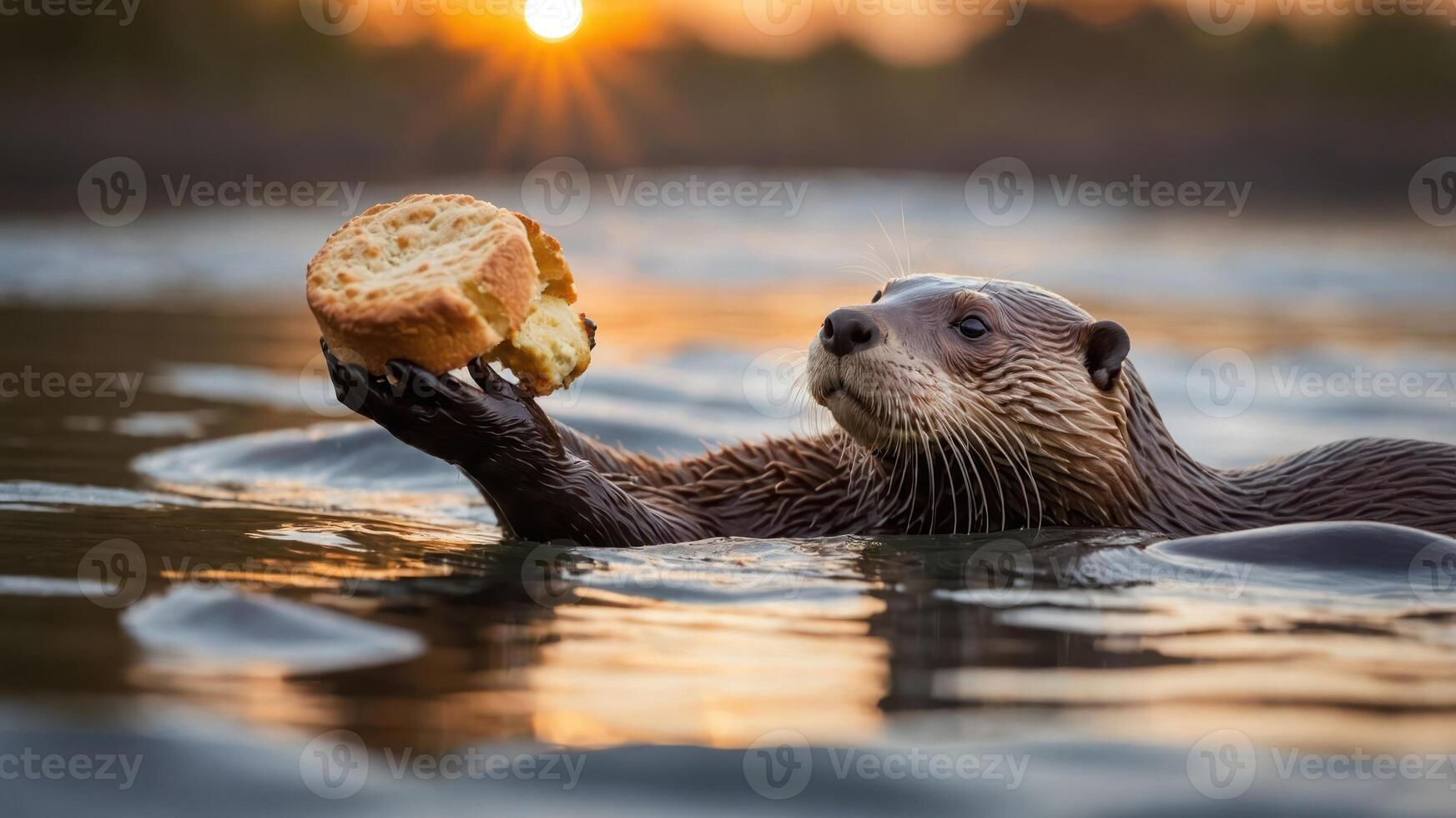 An otter holding a piece of bread while swimming in water at sunset. photo