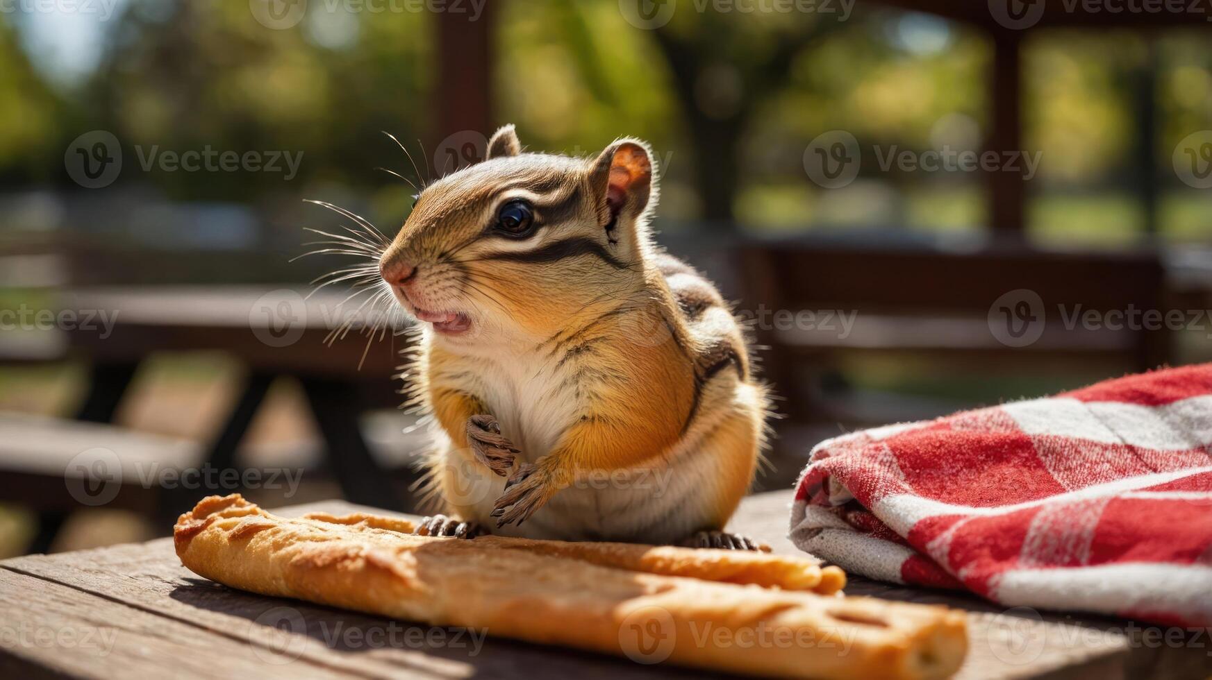 A chipmunk perched on a wooden table, eyeing a breadstick, with a picnic setting in the background. photo