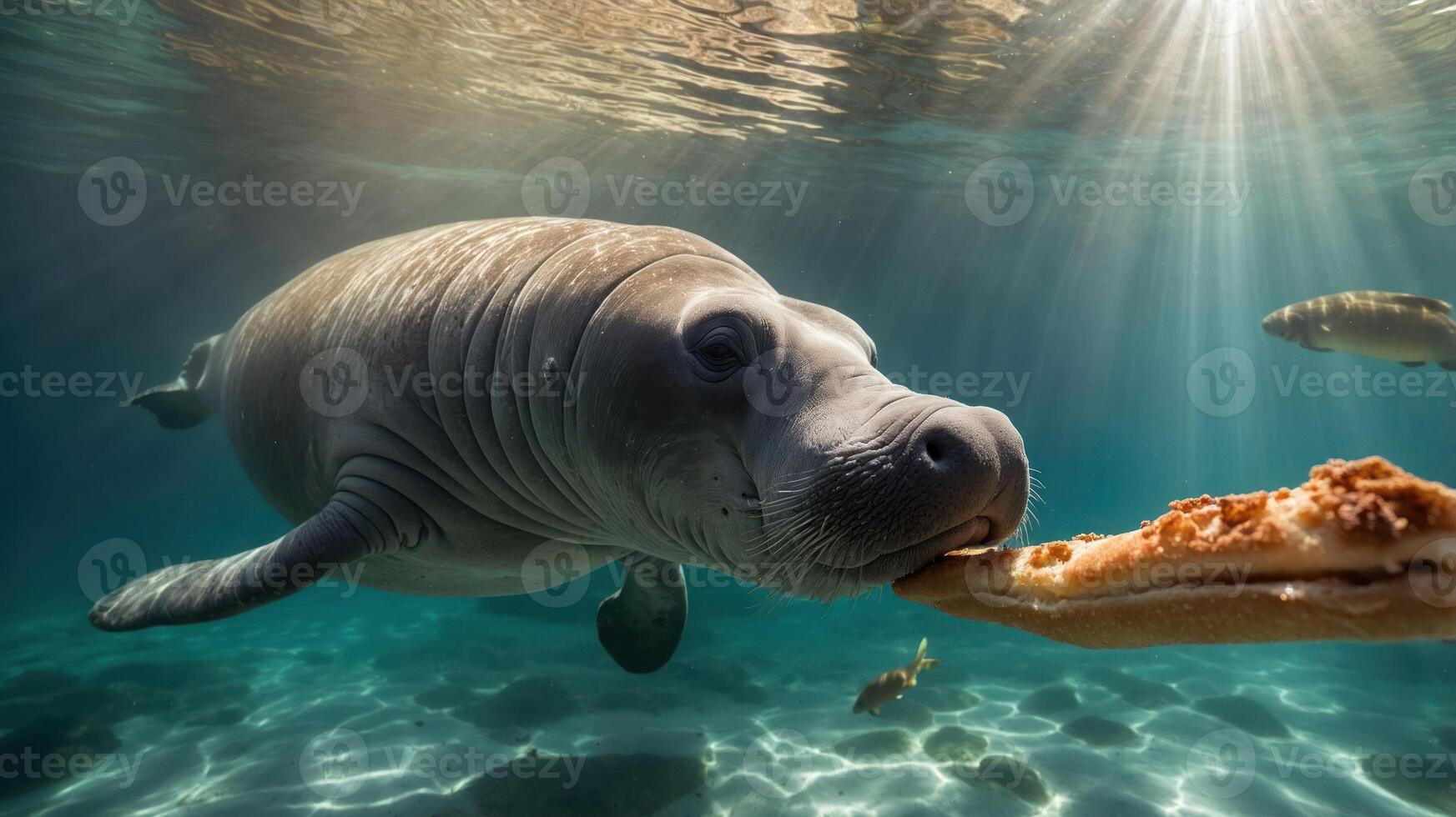 A manatee approaches a hand offering food underwater, surrounded by fish and sunlight beams. photo