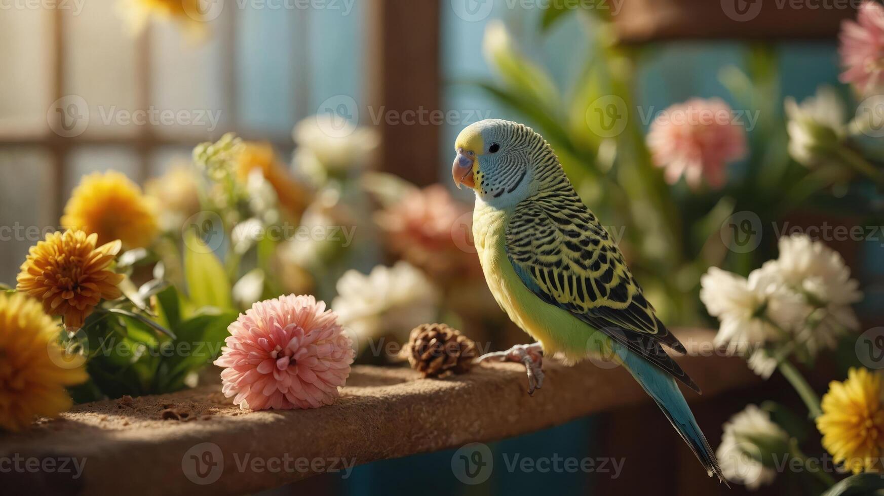 A colorful parakeet perched on a branch surrounded by vibrant flowers in a bright setting. photo