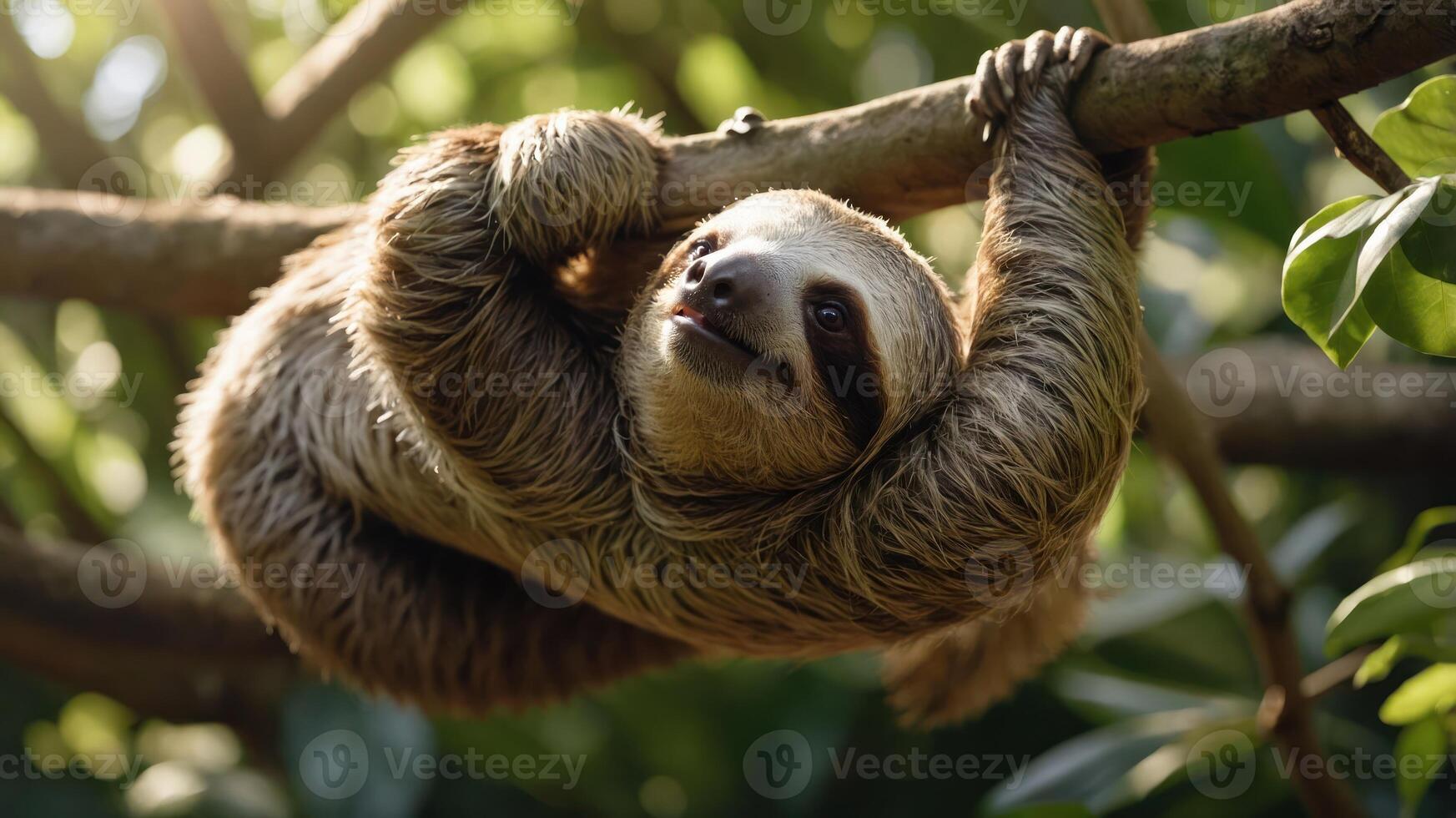 A sloth hanging from a branch in a lush green environment. photo