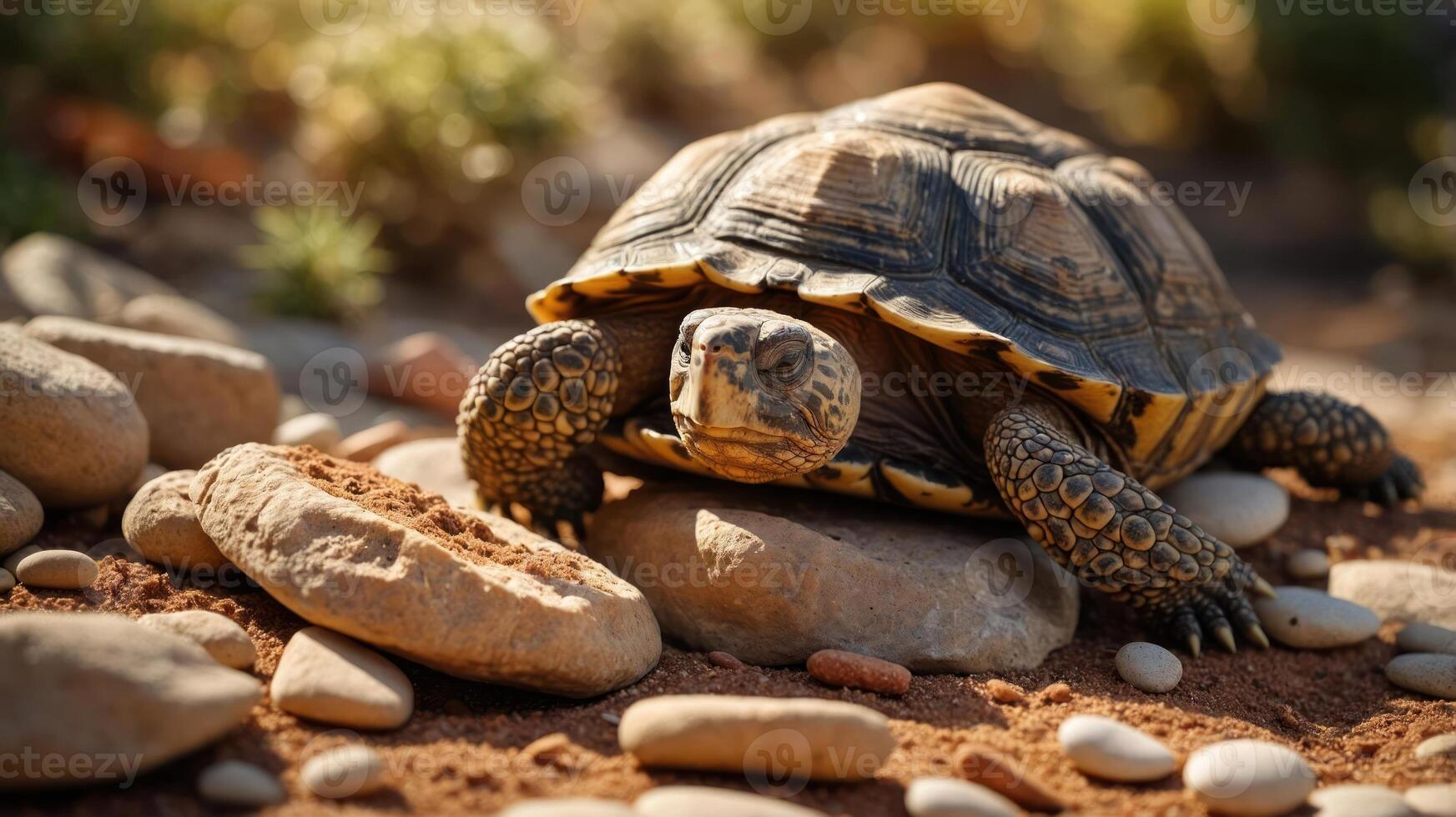 A close-up of a tortoise resting on rocks in a natural setting. photo