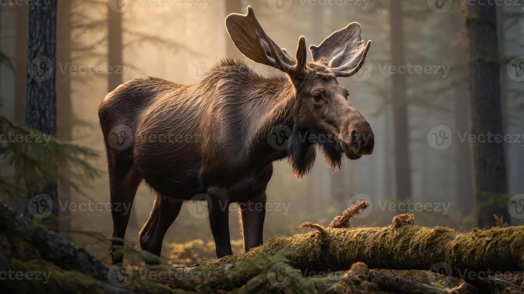 A moose stands in a misty forest, surrounded by trees and soft light filtering through. photo