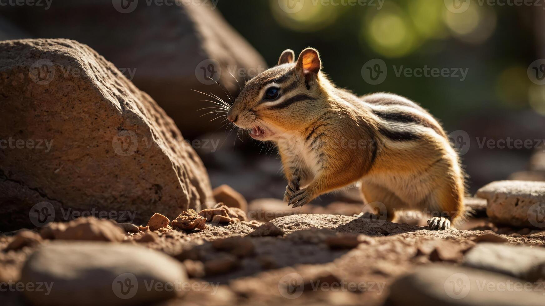 A chipmunk scurries across a rocky surface, showcasing its vibrant fur and playful demeanor. photo