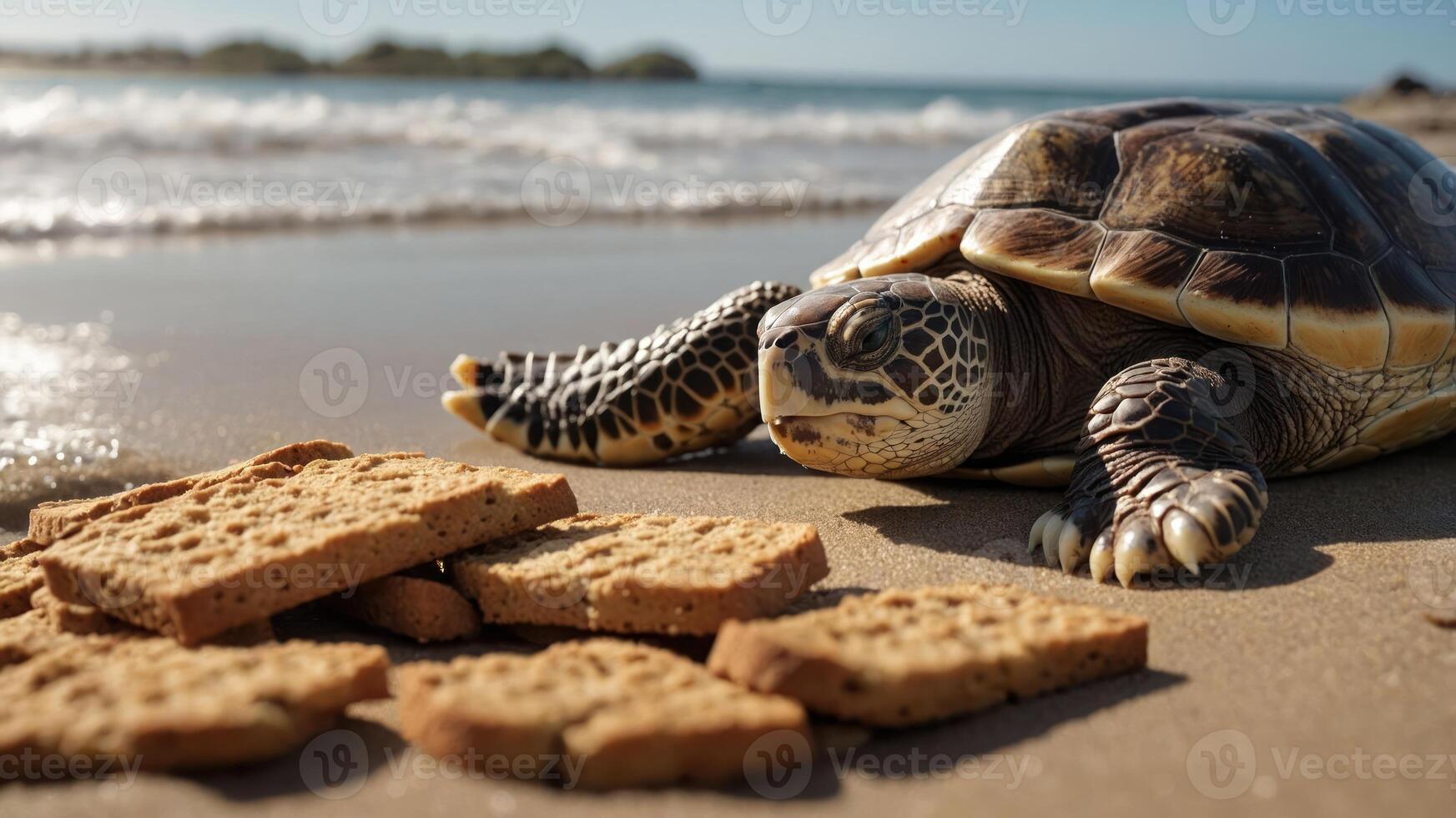 A turtle resting on the beach near a pile of crackers. photo