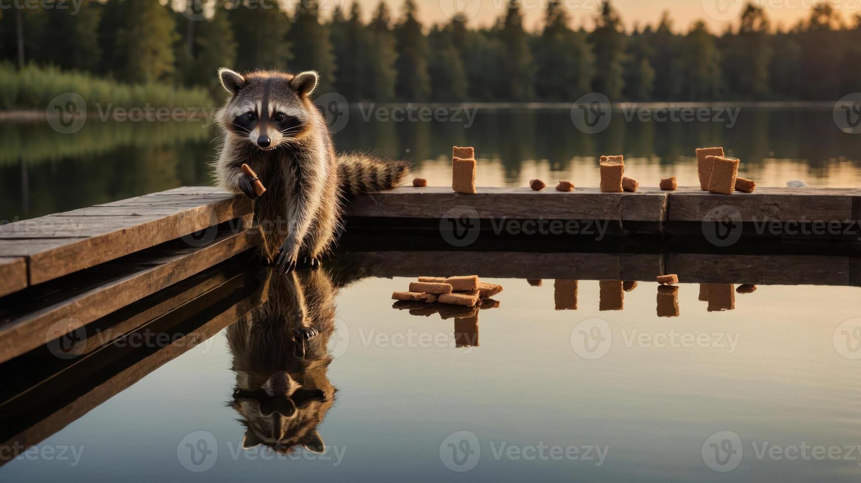 A raccoon sits by a serene lake, reflecting on the water with snacks scattered around. photo