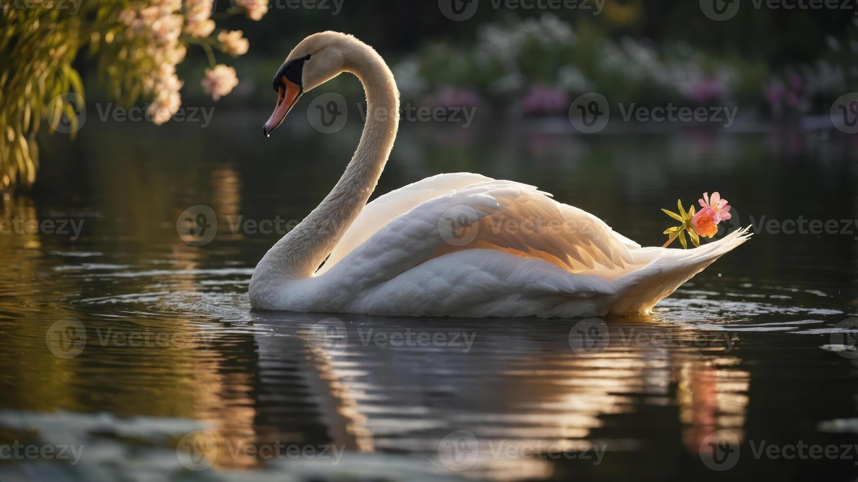 A serene swan gliding on a tranquil lake with a blooming flower. photo