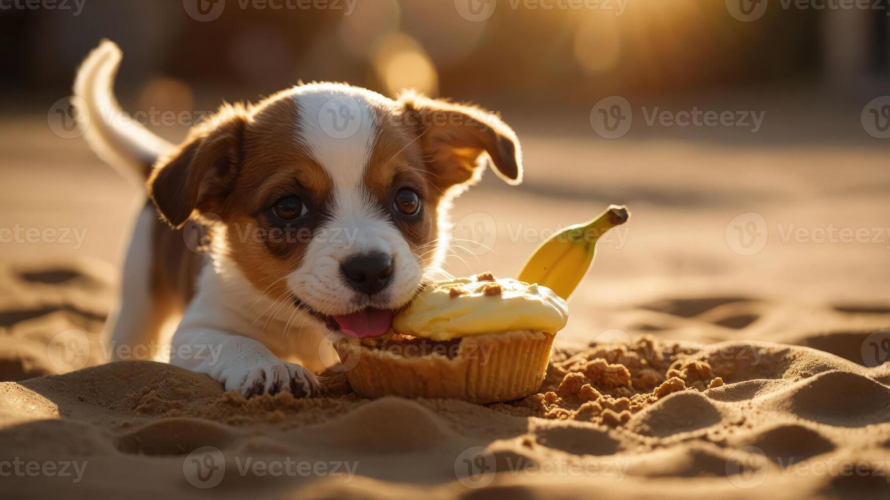 A playful puppy enjoying a cupcake with a banana on a sandy surface during sunset. photo