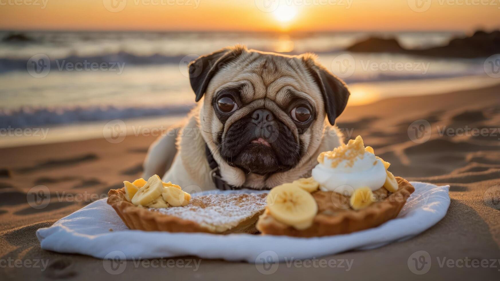 A pug resting on a beach with pies at sunset, creating a whimsical and inviting scene. photo