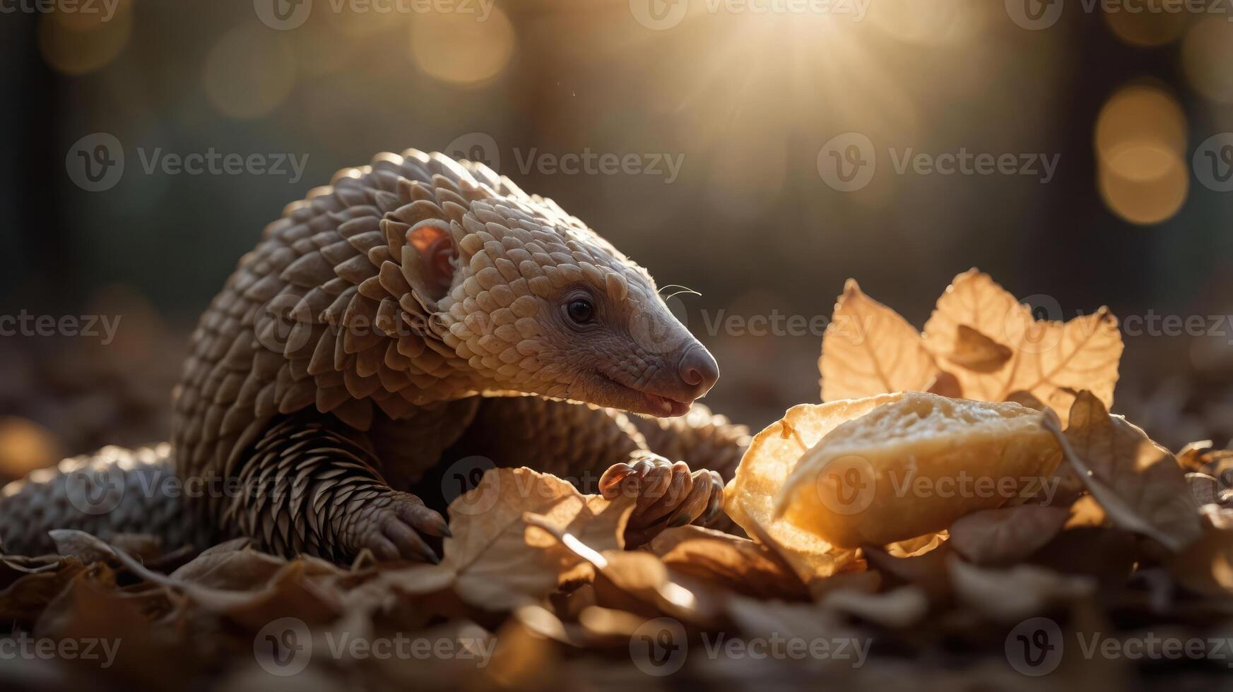 A pangolin forages among autumn leaves, captivated by a piece of food. photo