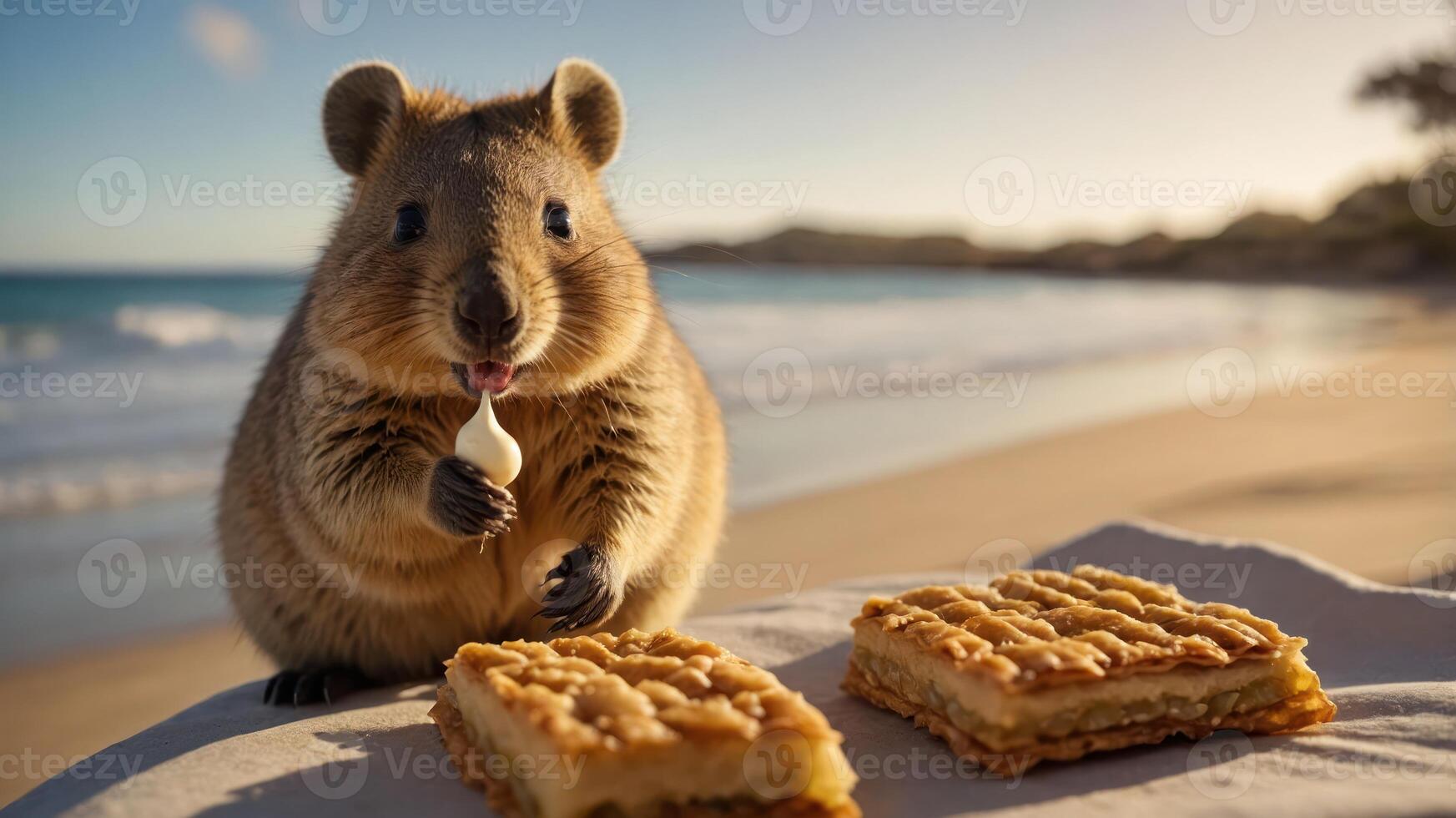 A cute animal enjoying a treat on the beach at sunset. photo