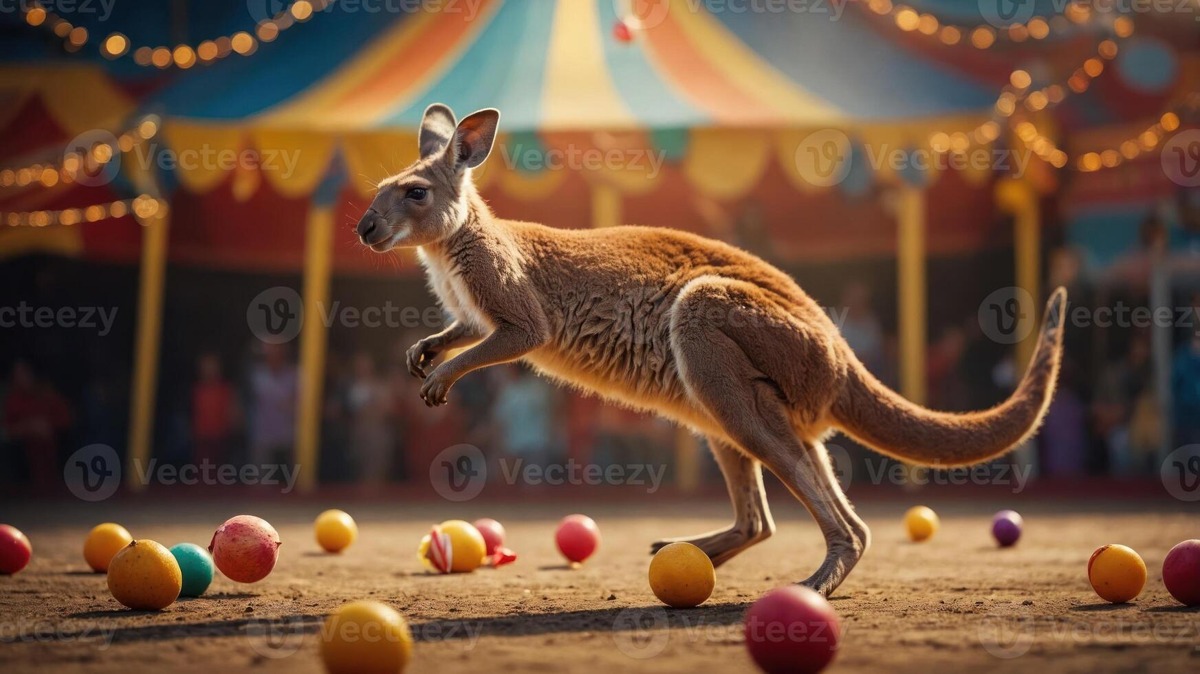 A kangaroo leaps among colorful balls in a circus setting, entertaining the audience. photo