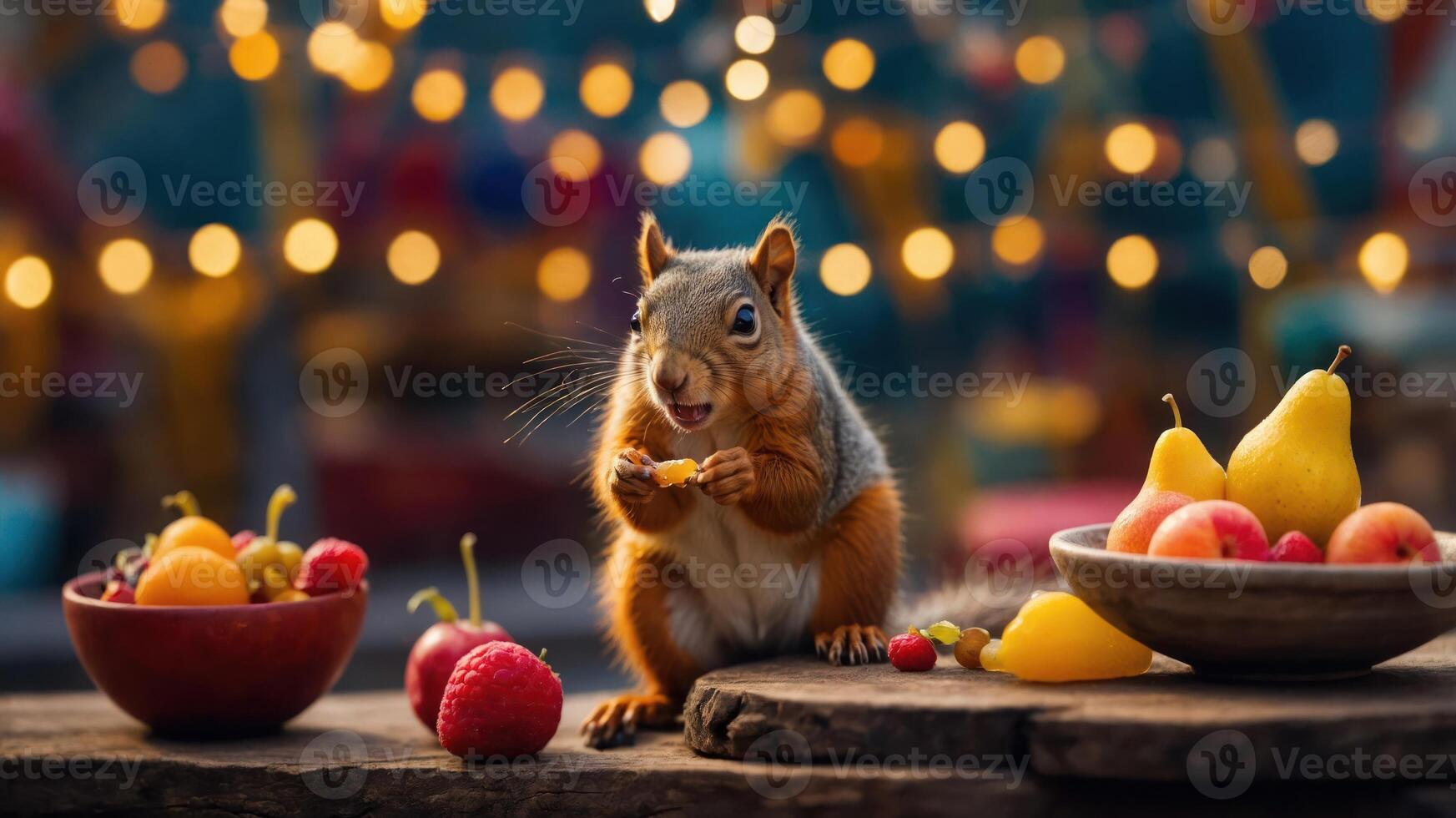A squirrel enjoying fruit in a vibrant, festive setting with soft lights in the background. photo