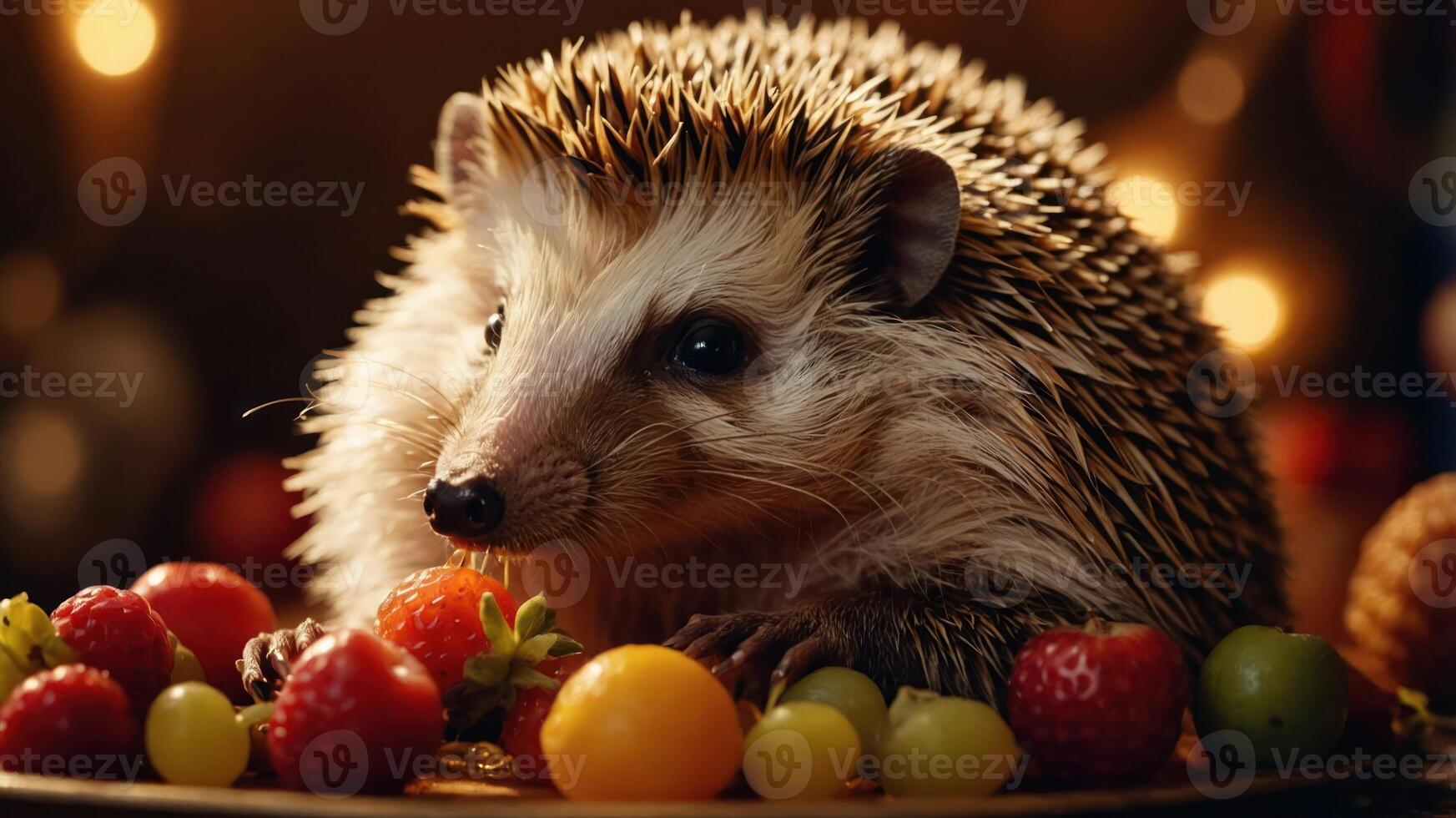 A hedgehog surrounded by colorful fruits, creating a whimsical, inviting scene. photo