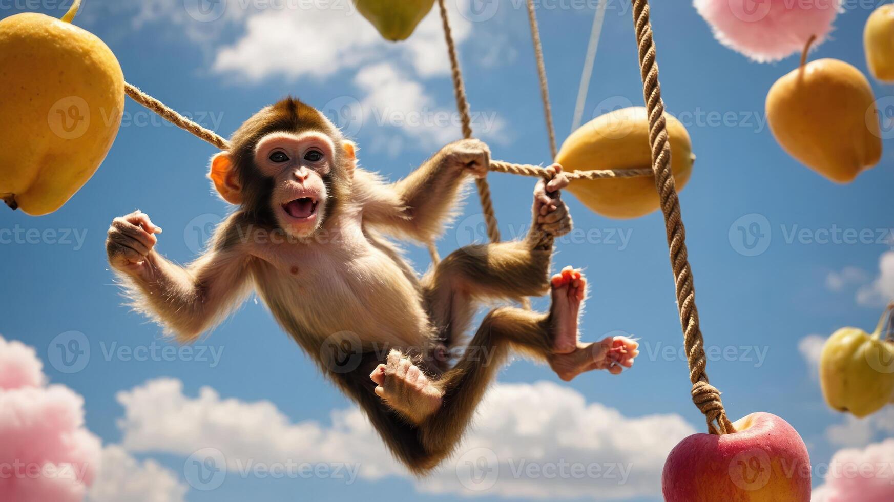 A playful monkey swings between fruit, embodying joy and whimsy in a vibrant setting. photo