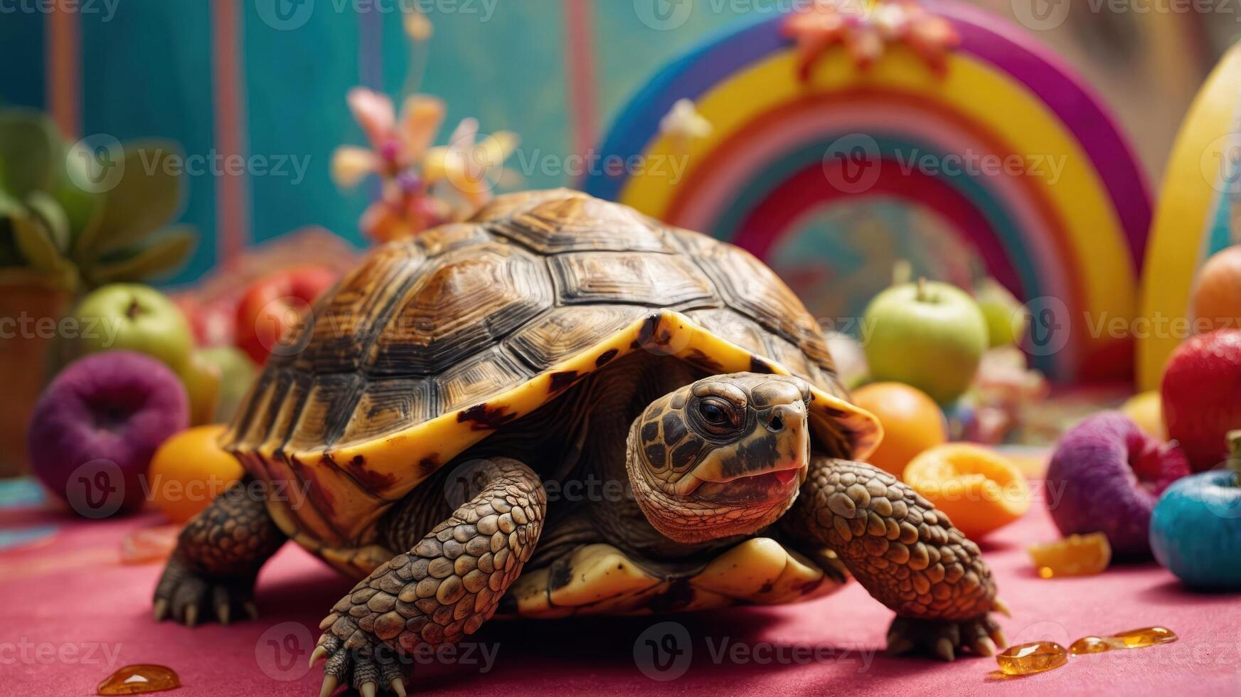 A colorful setting featuring a turtle among various fruits and a vibrant rainbow backdrop. photo
