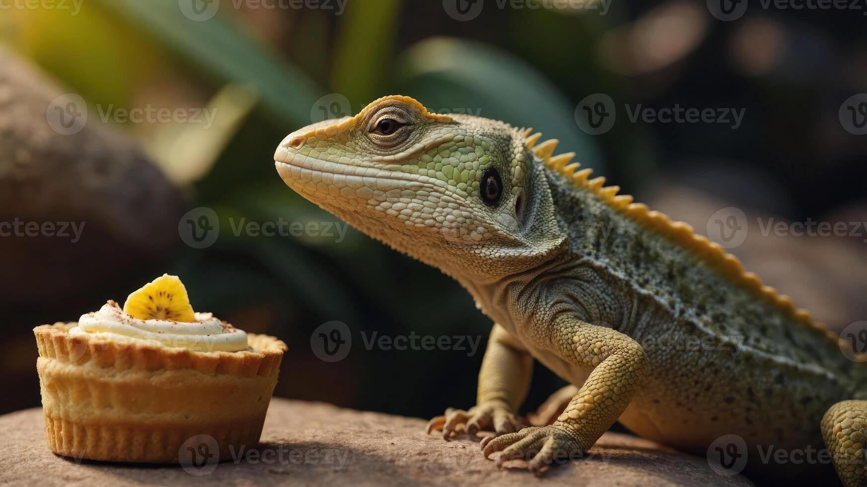 A lizard curiously observes a small dessert on a rock in a natural setting. photo