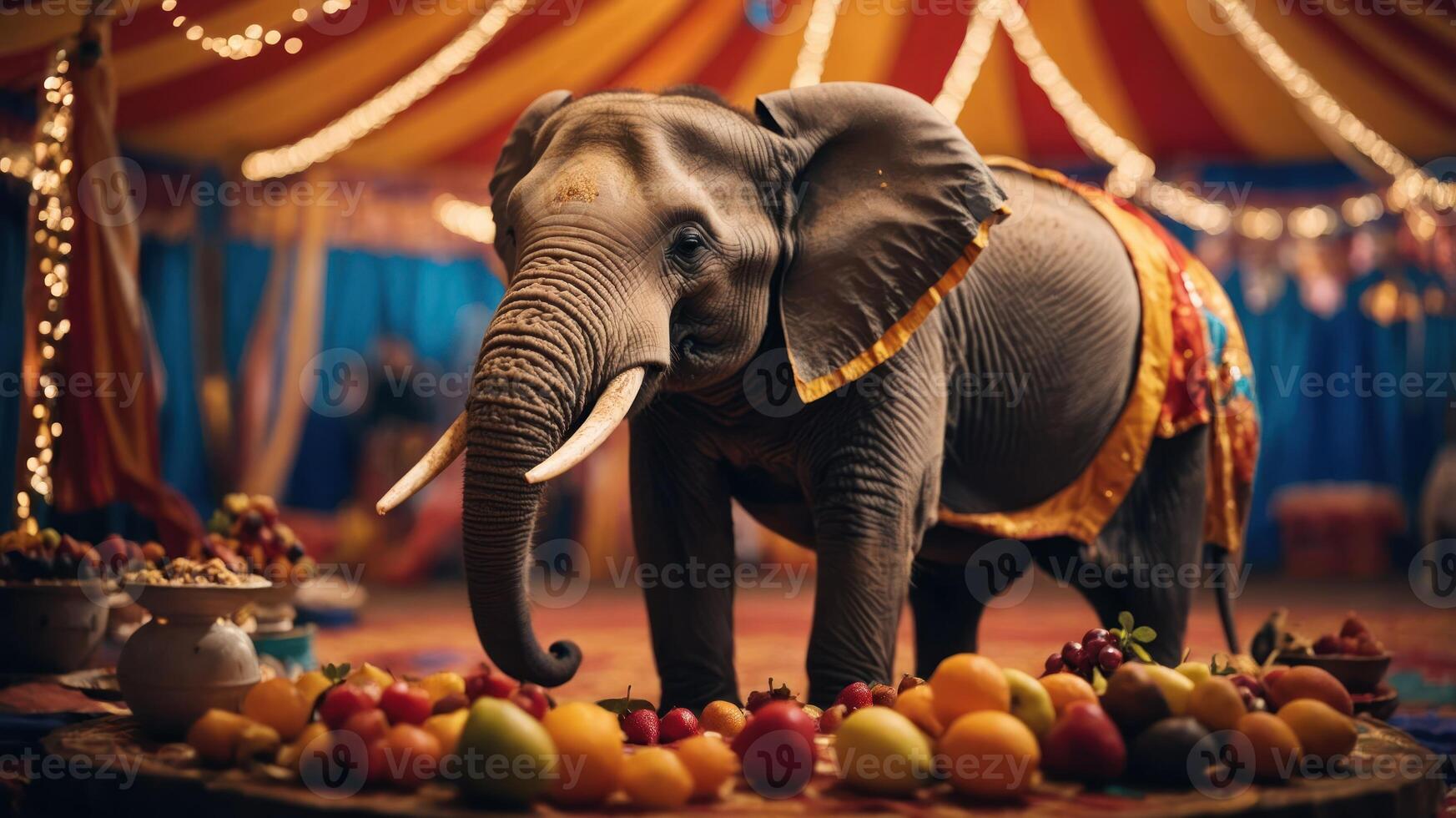 An elephant stands in a colorful circus tent surrounded by a variety of fruits. photo