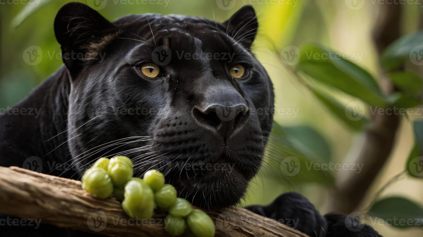 A close-up of a black panther resting on a branch with green fruit. photo