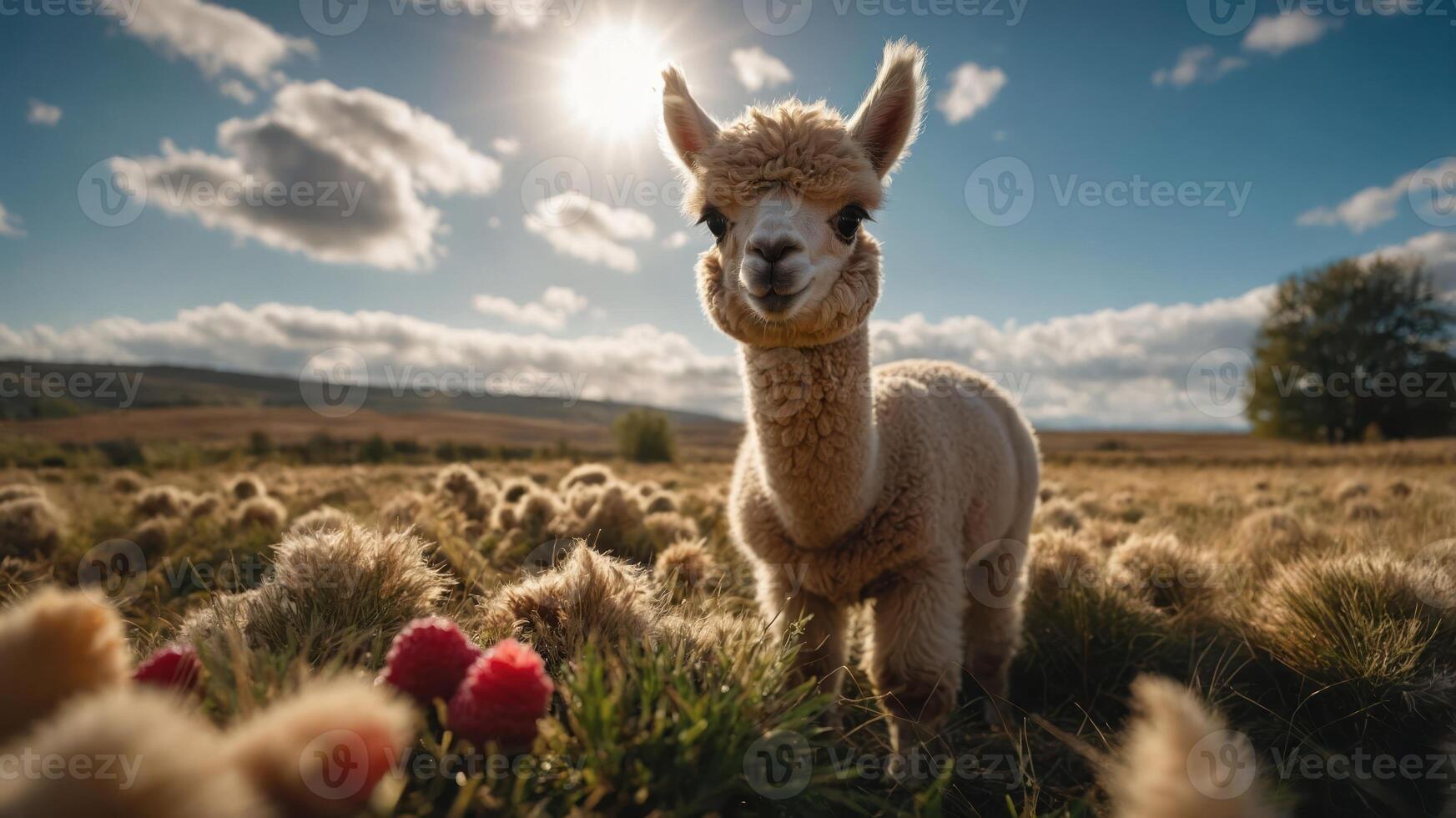 A charming alpaca stands in a sunlit field surrounded by soft grasses and flowers. photo