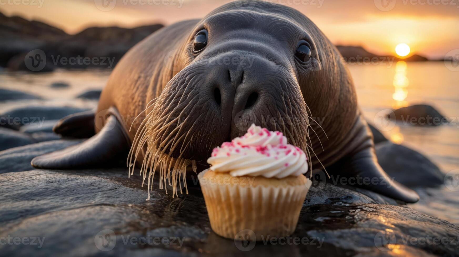 A seal curiously approaches a cupcake on a rocky shore at sunset. photo