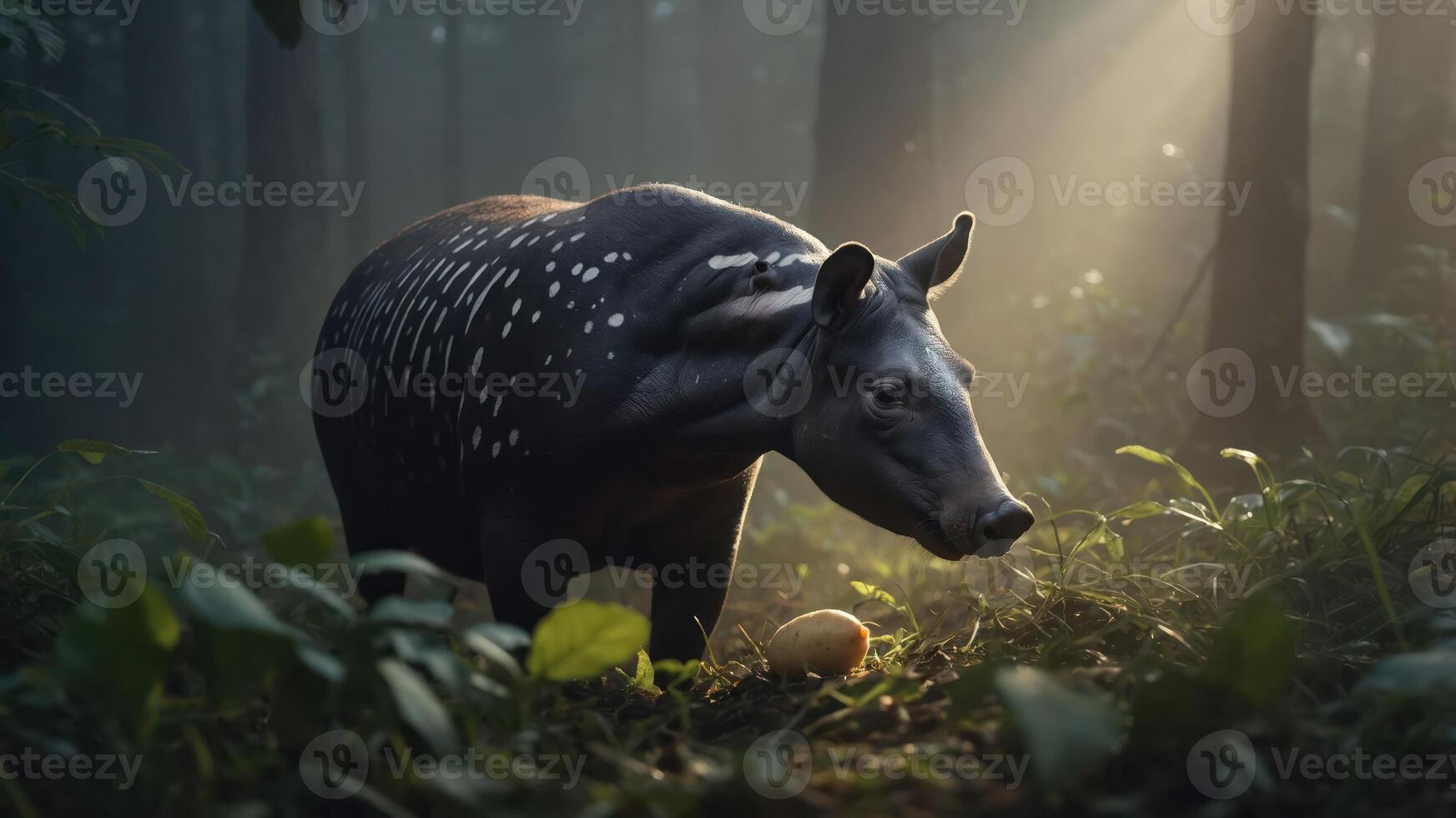A tapir foraging in a misty forest, illuminated by soft sunlight, with lush greenery surrounding photo
