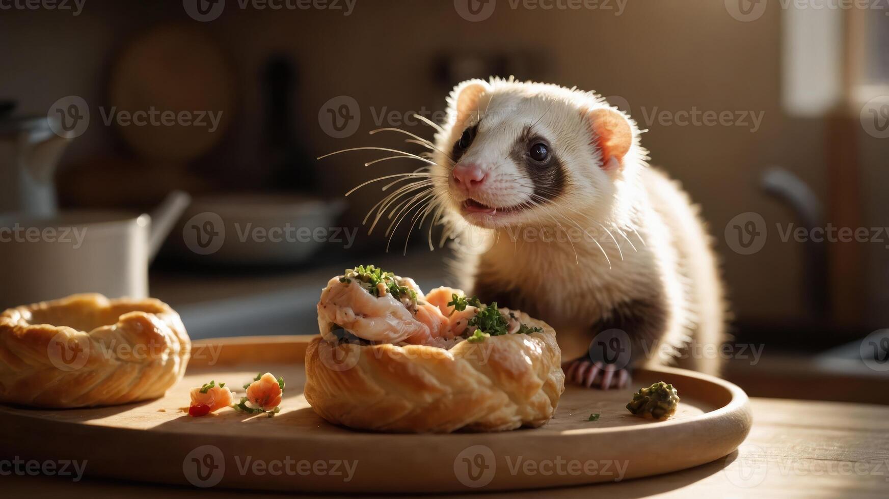 A curious ferret explores a wooden platter with gourmet food in a cozy kitchen setting photo