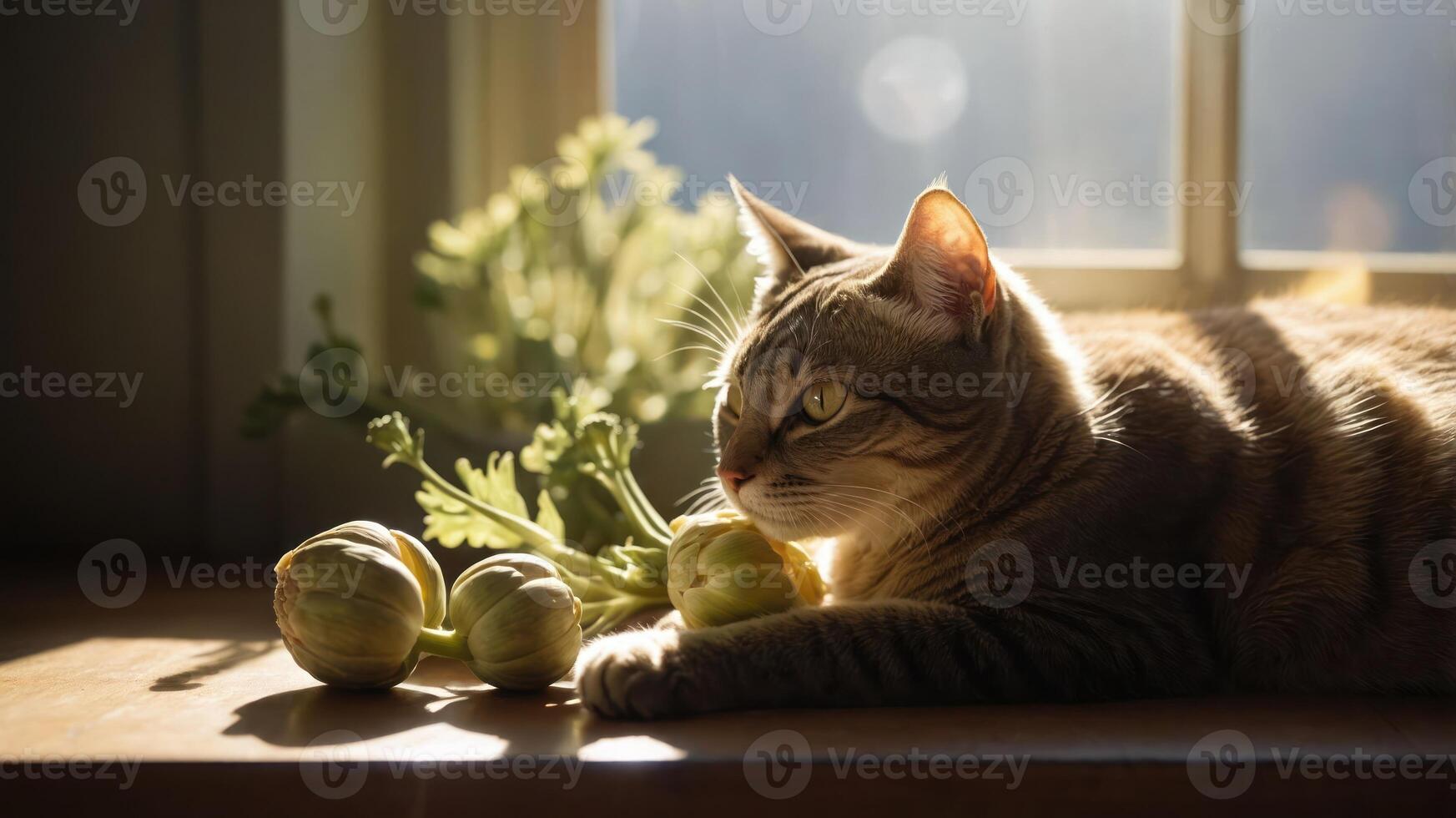 Cat lounging on a sunlit windowsill with fresh vegetables, creating a serene home atmosphere photo