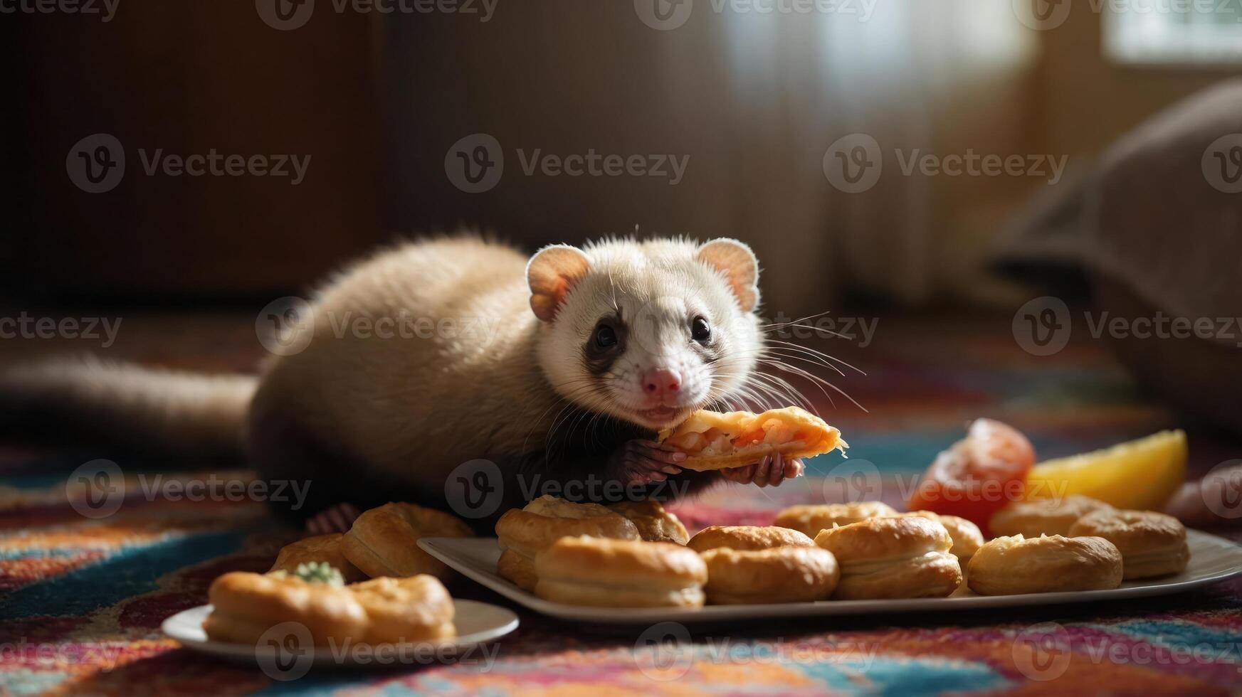 A playful ferret enjoying a snack of pastries on a colorful rug in a cozy indoor setting photo