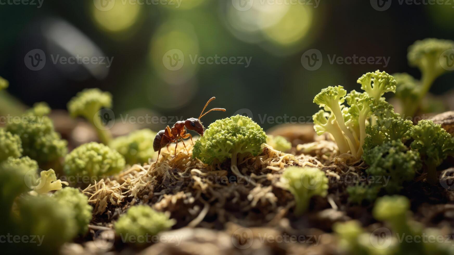 Close-up of an ant navigating through vibrant green broccoli florets in a sunlit forest setting photo