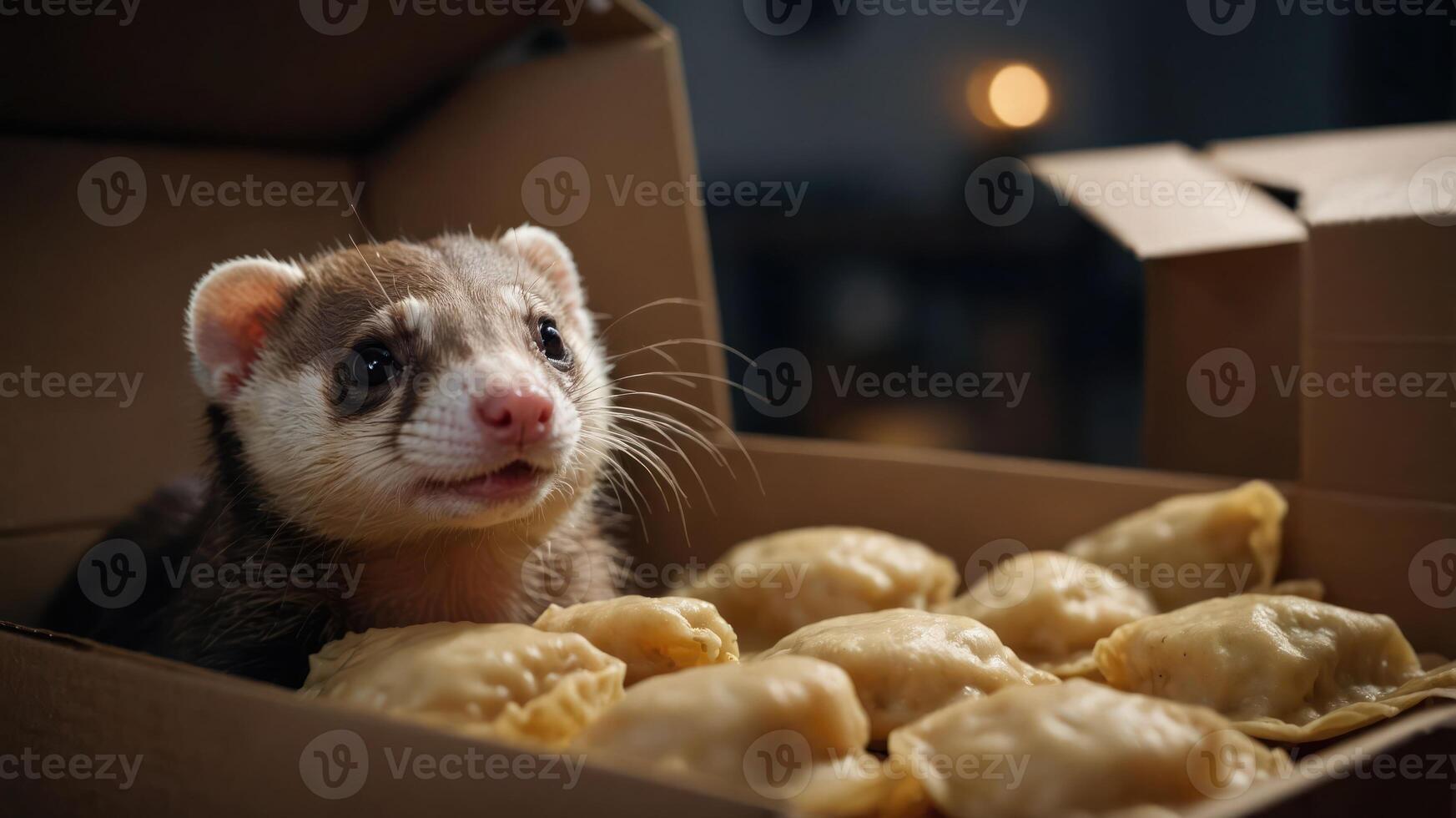 A curious ferret peeking out from a box filled with delicious dumplings in a cozy kitchen photo
