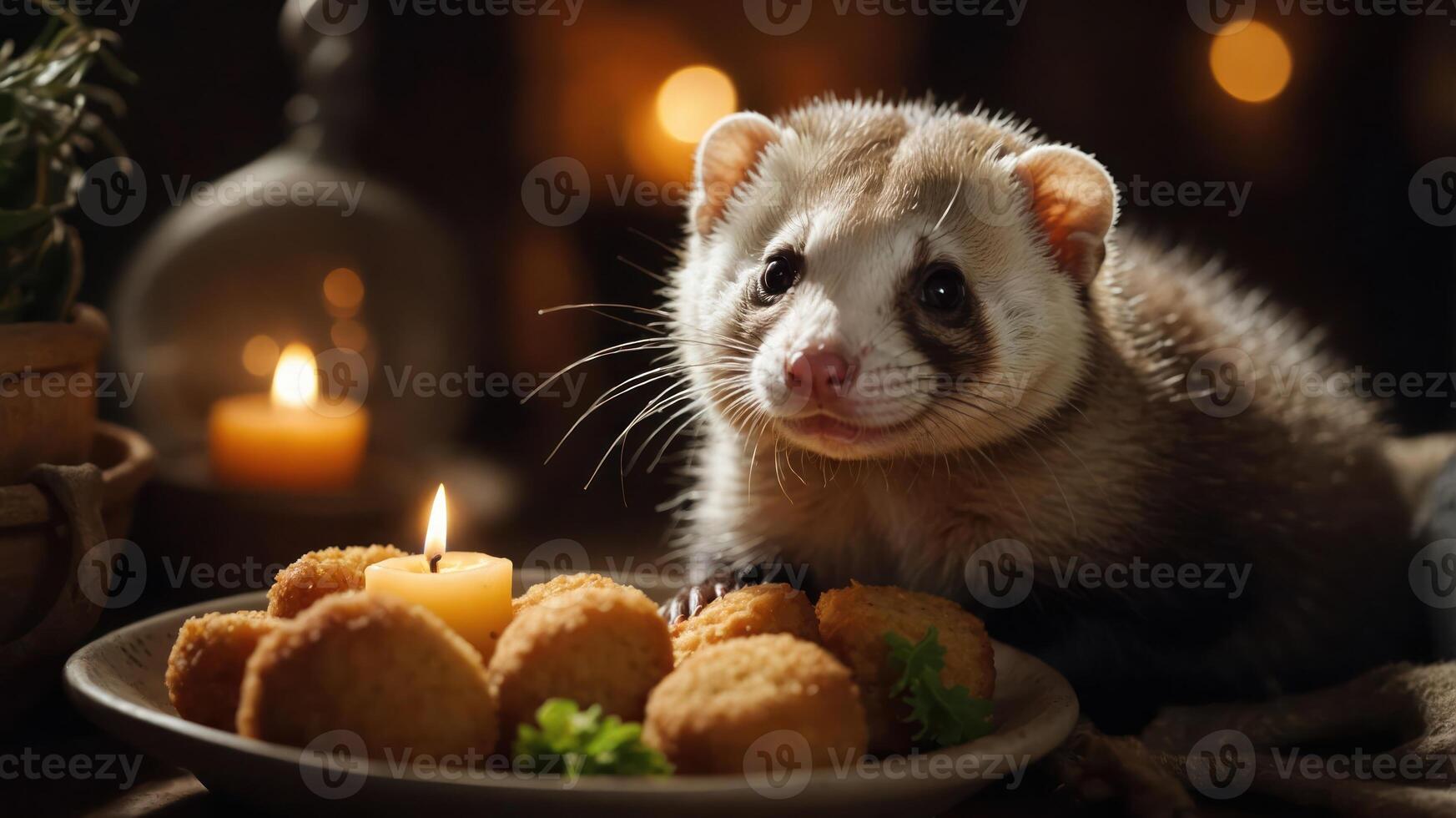 Ferret curiously gazes at a plate of golden croquettes beside a flickering candle in a cozy setting photo