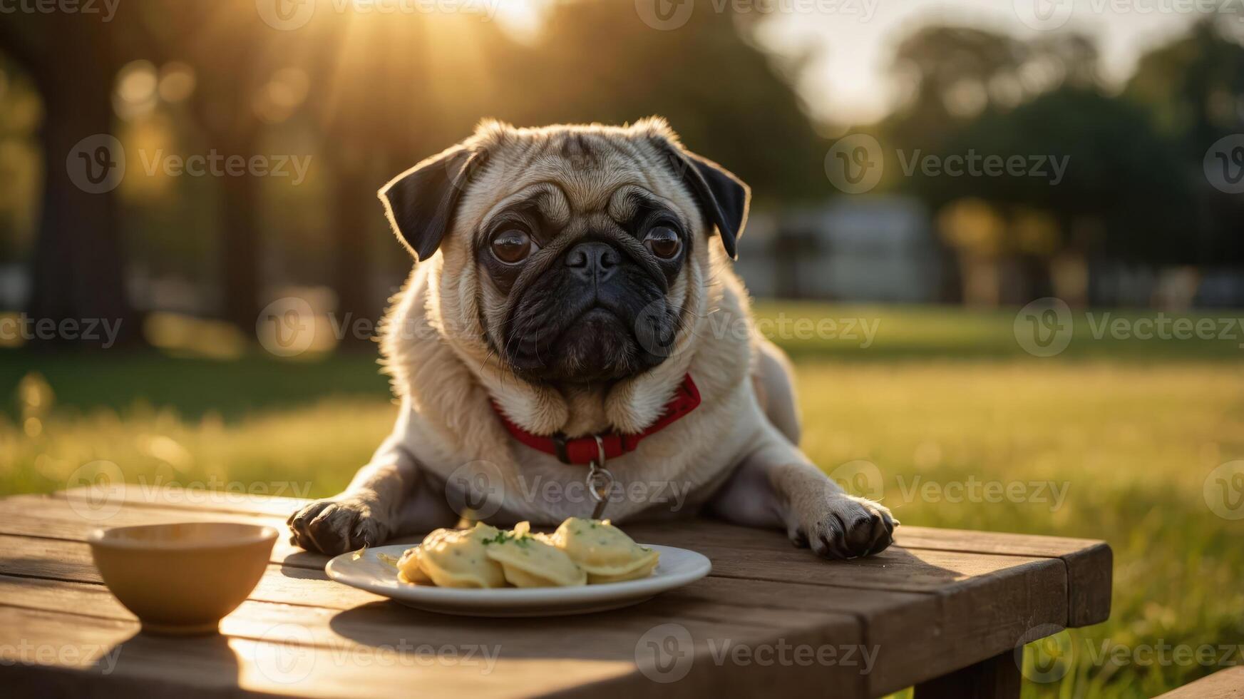 A pug lounging on a wooden table with a plate of pasta during a sunset in a park photo