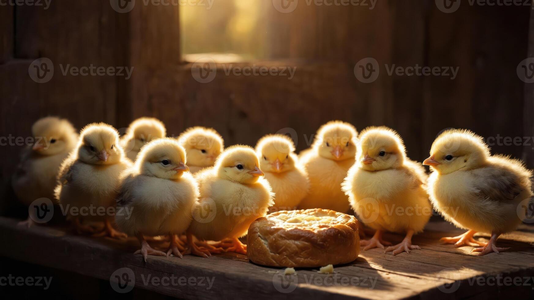 A group of fluffy yellow chicks gathered around a piece of bread in a rustic setting during sunset photo
