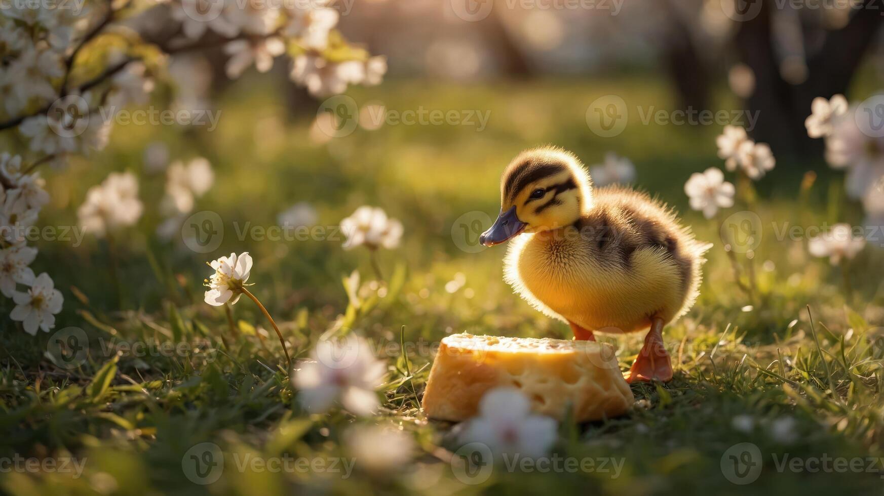 Adorable duckling exploring a sunny meadow surrounded by flowers and cheese slice photo