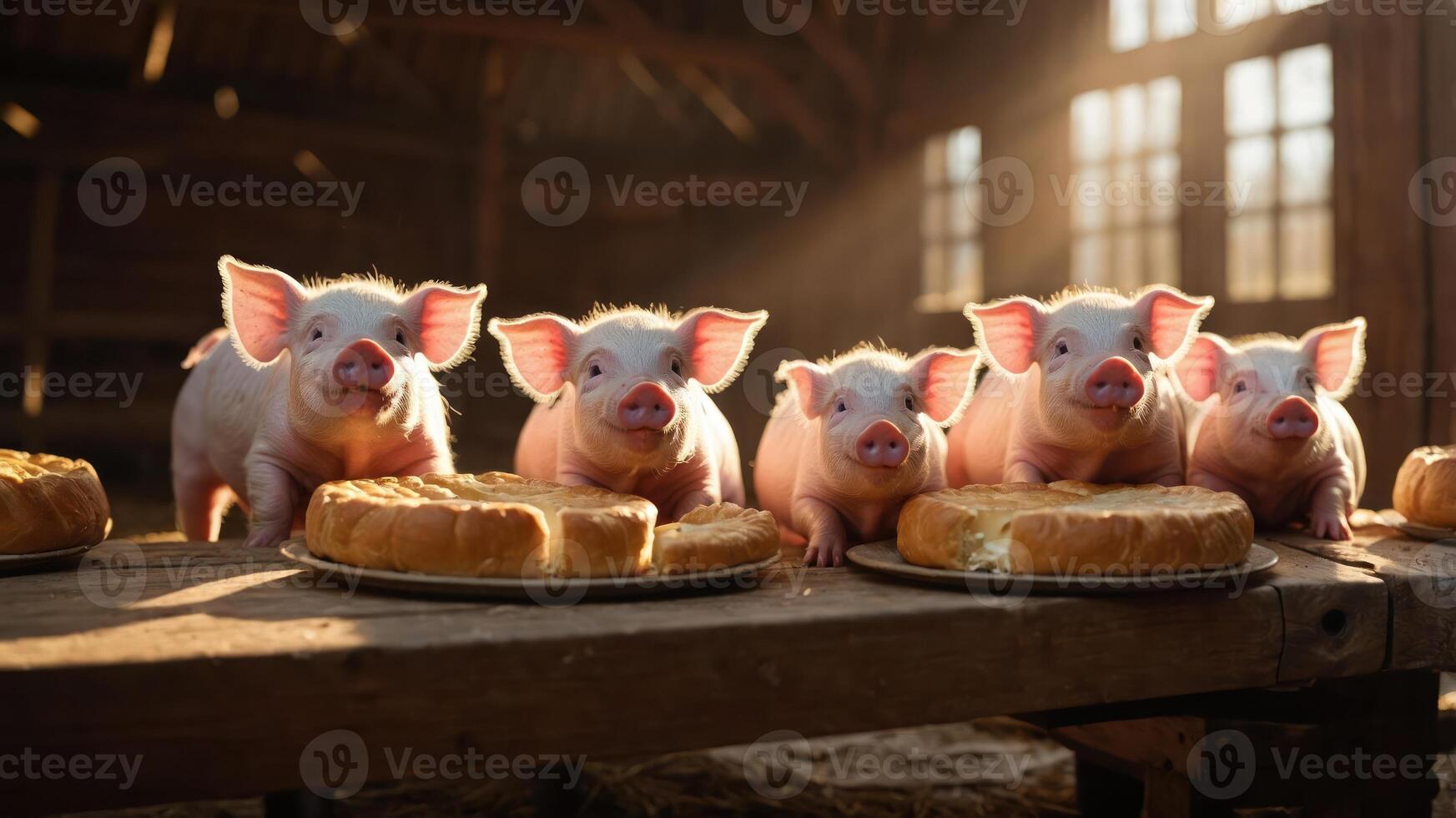 Five adorable pigs enjoying a meal in a rustic barn, with warm sunlight streaming through windows photo