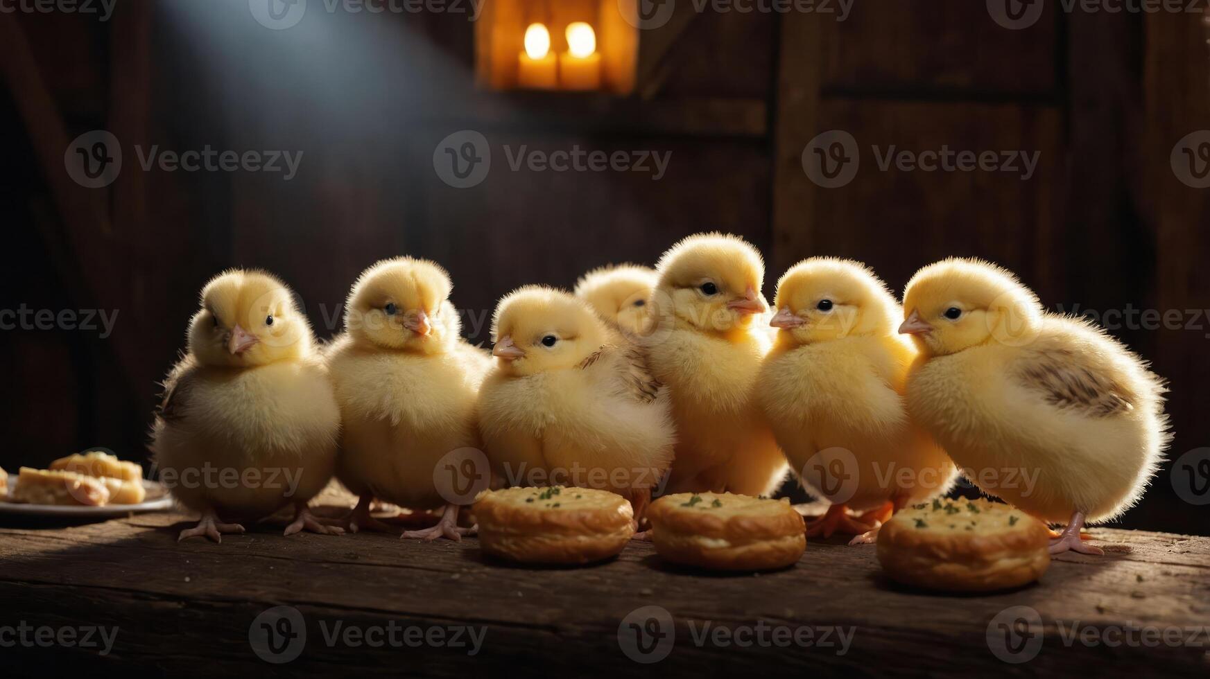 A charming group of fluffy yellow chicks perched on a rustic wooden table with donuts photo