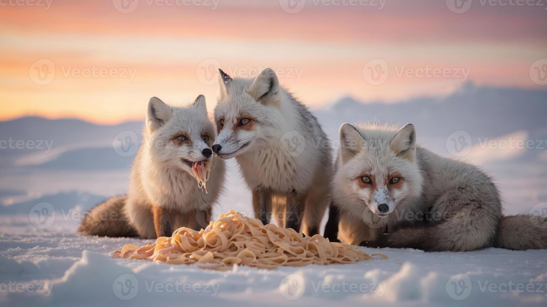 Three foxes playfully interact with a pile of spaghetti in a snowy landscape at sunset photo