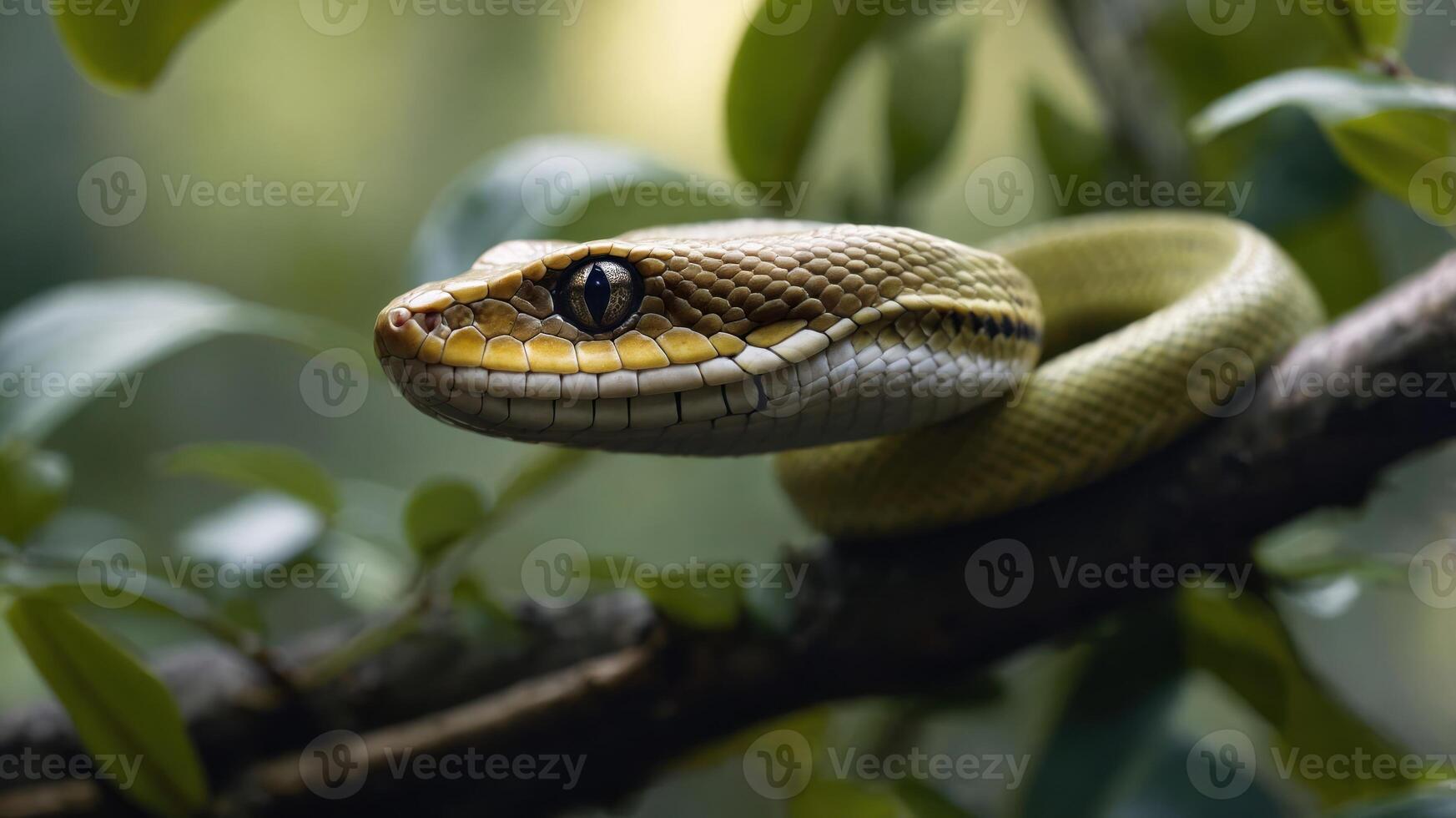 Close-up of a vibrant green tree snake resting on a branch surrounded by lush foliage photo