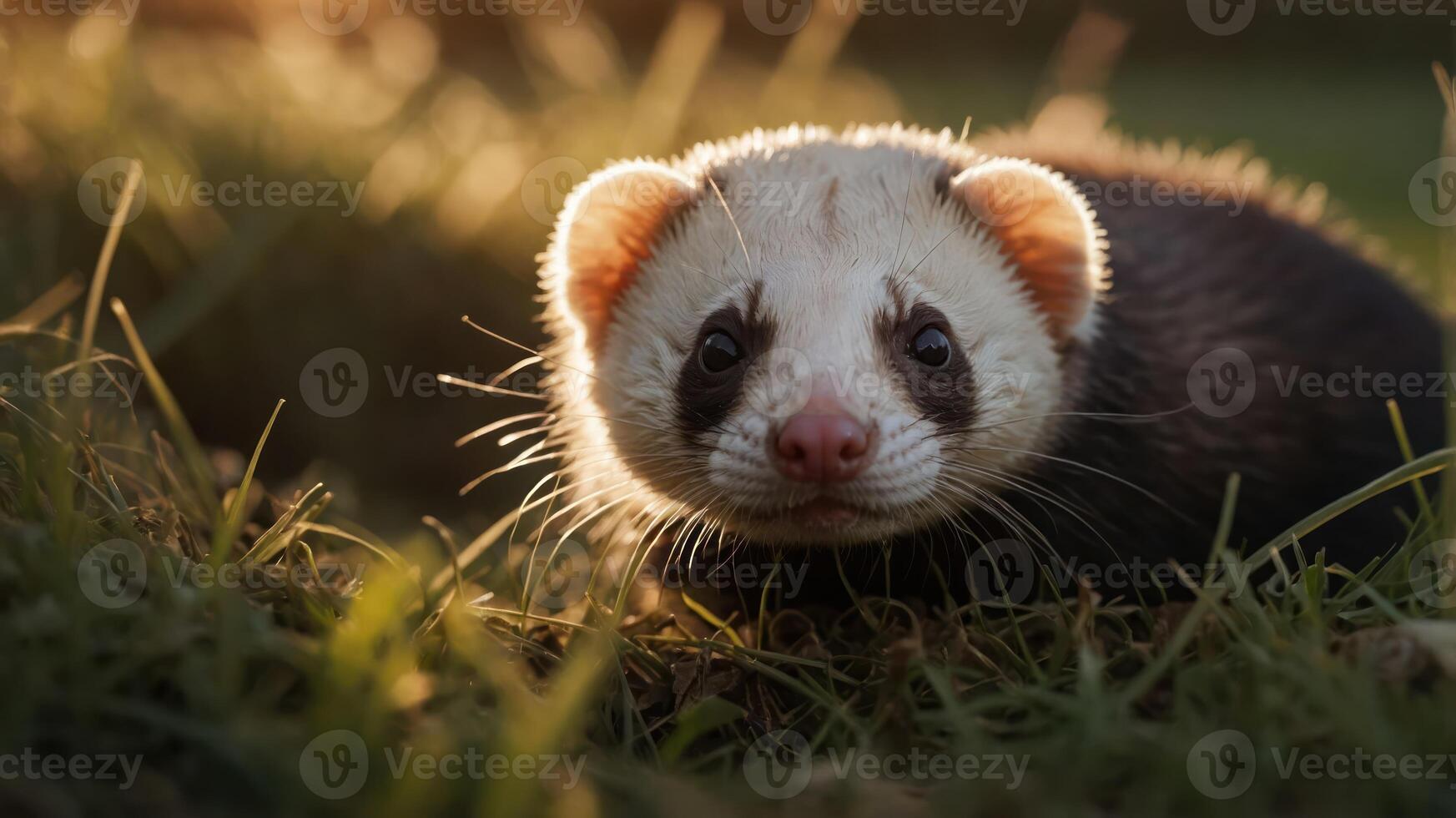 A close-up of a curious ferret in a sunlit grassy field, surrounded by nature's tranquility photo