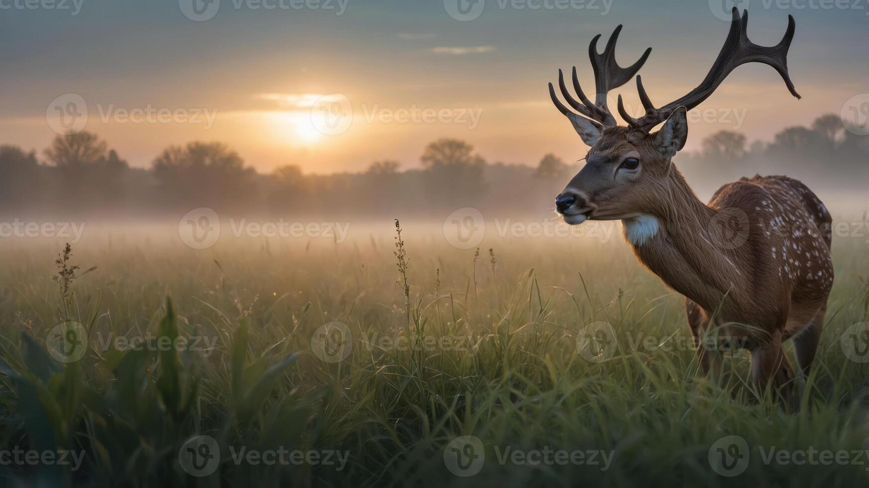 Majestic deer standing in a misty field at sunrise, surrounded by lush grass and trees photo