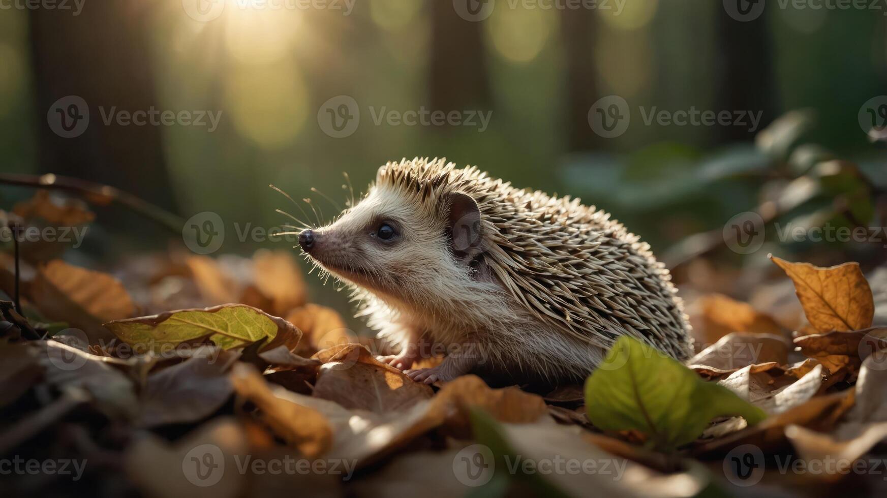 A hedgehog foraging among autumn leaves in a sunlit forest, creating a serene wildlife scene photo