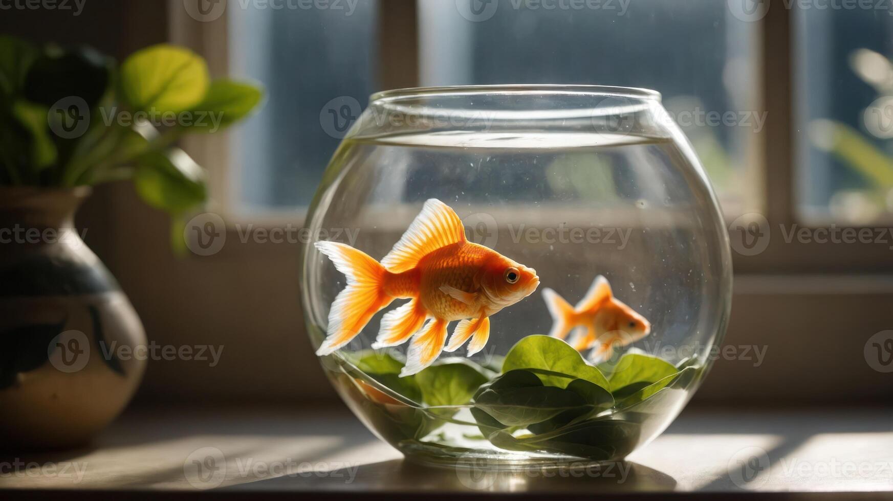 Two goldfish swimming in a clear bowl with green leaves, sunlight streaming through a window photo