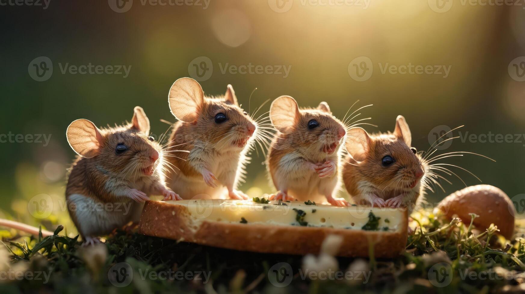 Four adorable mice gathered around a piece of bread with cheese, enjoying a sunny outdoor moment photo