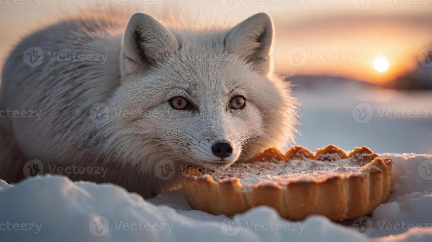 Arctic fox curiously inspecting a dessert pie in a snowy landscape during sunset photo